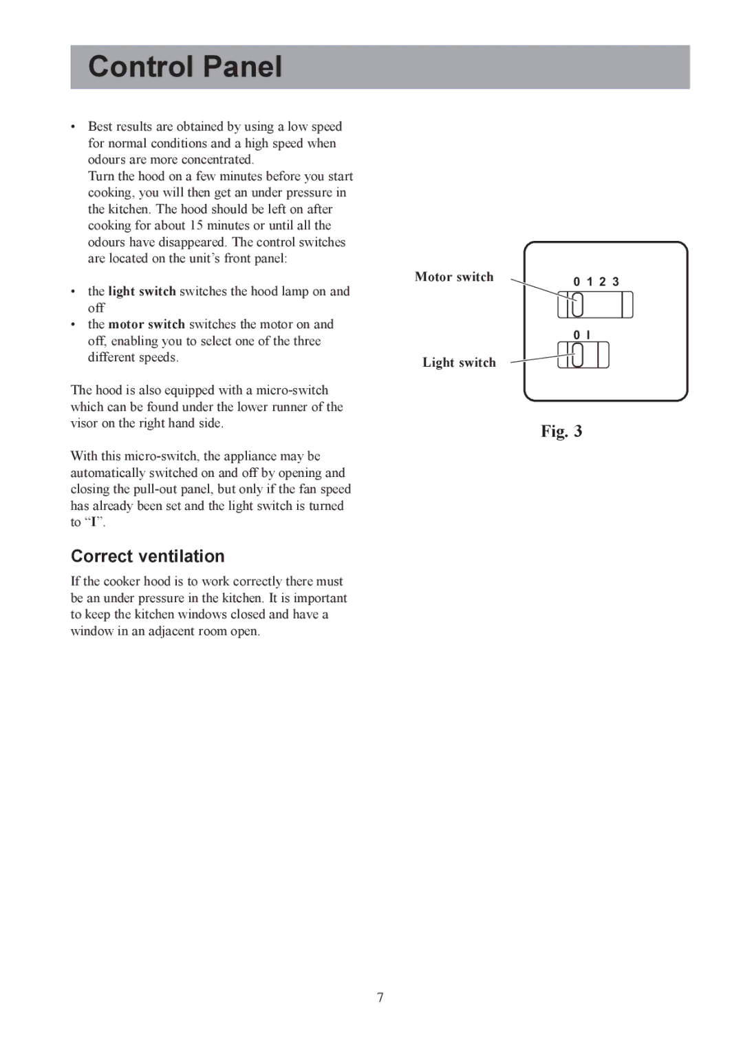 Electrolux EFI 640, EFI 635 user manual Control Panel, Correct ventilation 