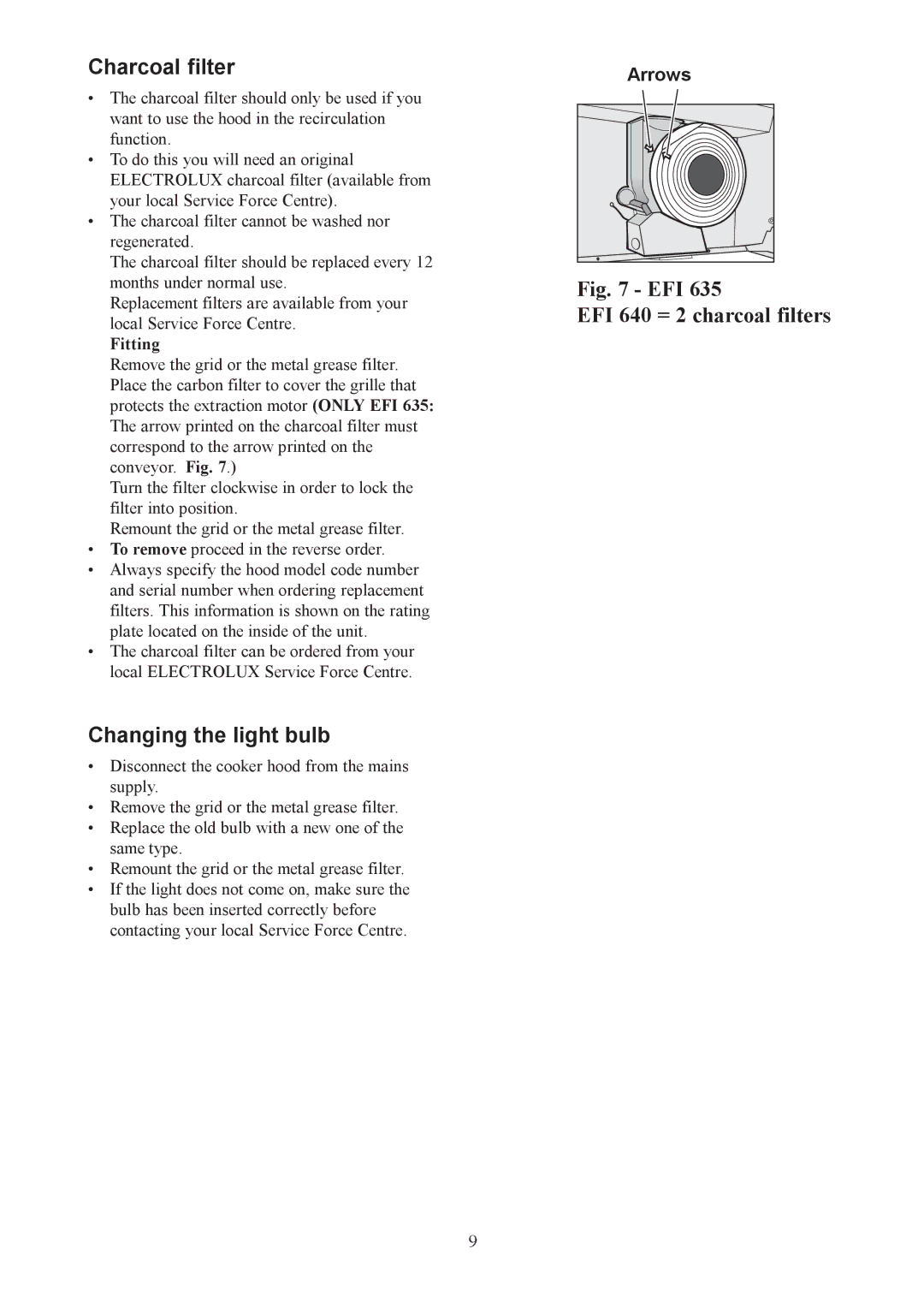 Electrolux EFI 640, EFI 635 user manual Charcoal filter, Changing the light bulb 