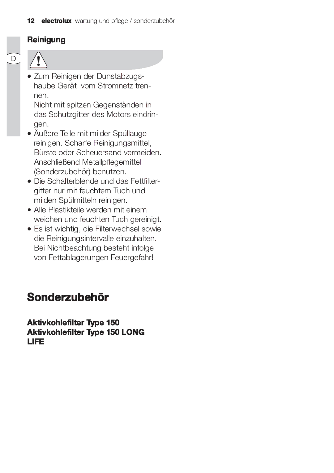 Electrolux EFP 60202 user manual Sonderzubehör, Reinigung, Aktivkohlefilter Type Aktivkohlefilter Type 150 Long 