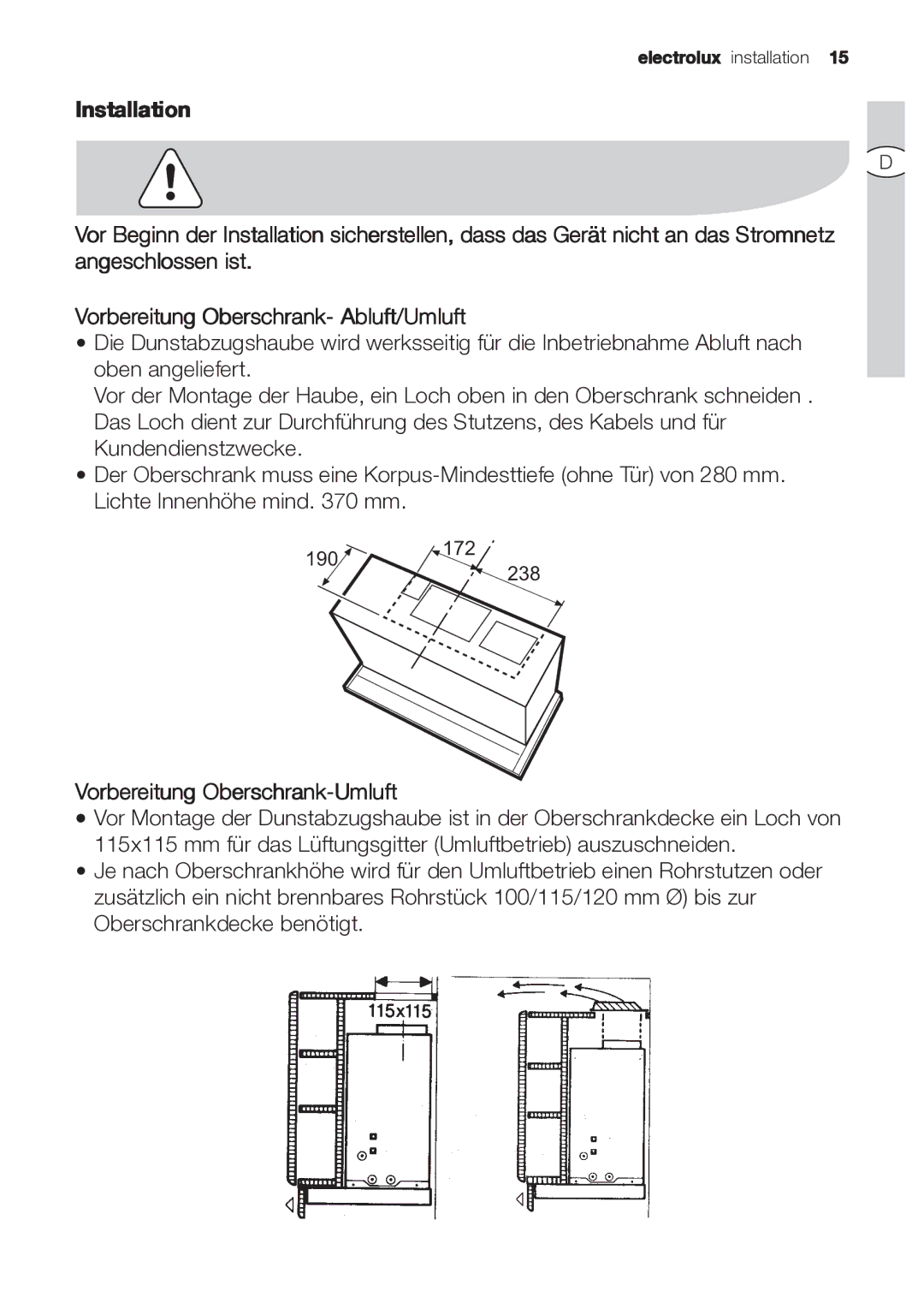 Electrolux EFP 60202 user manual Vorbereitung Oberschrank-Umluft 