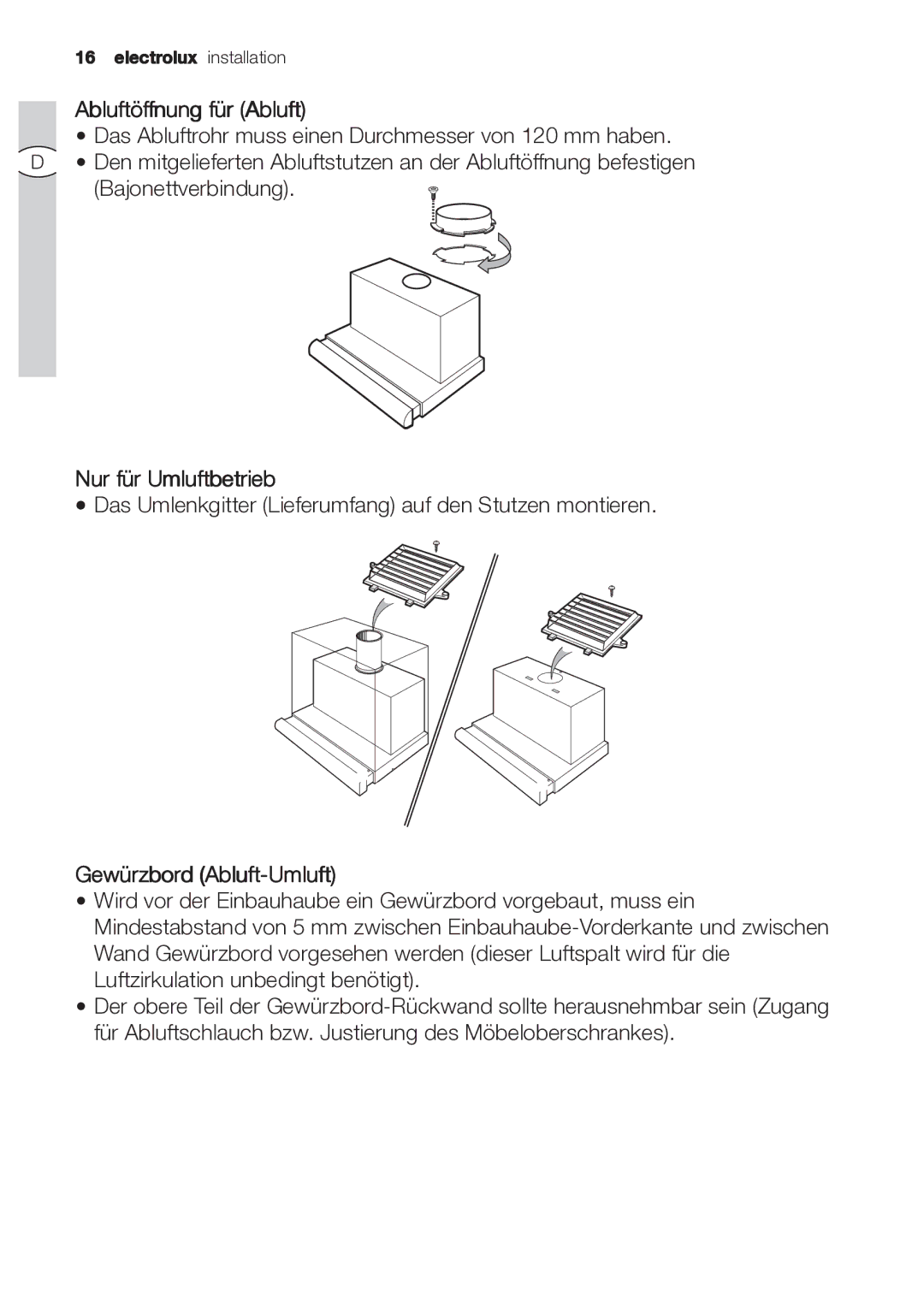 Electrolux EFP 60202 user manual Abluftöffnung für Abluft, Nur für Umluftbetrieb, Gewürzbord Abluft-Umluft 