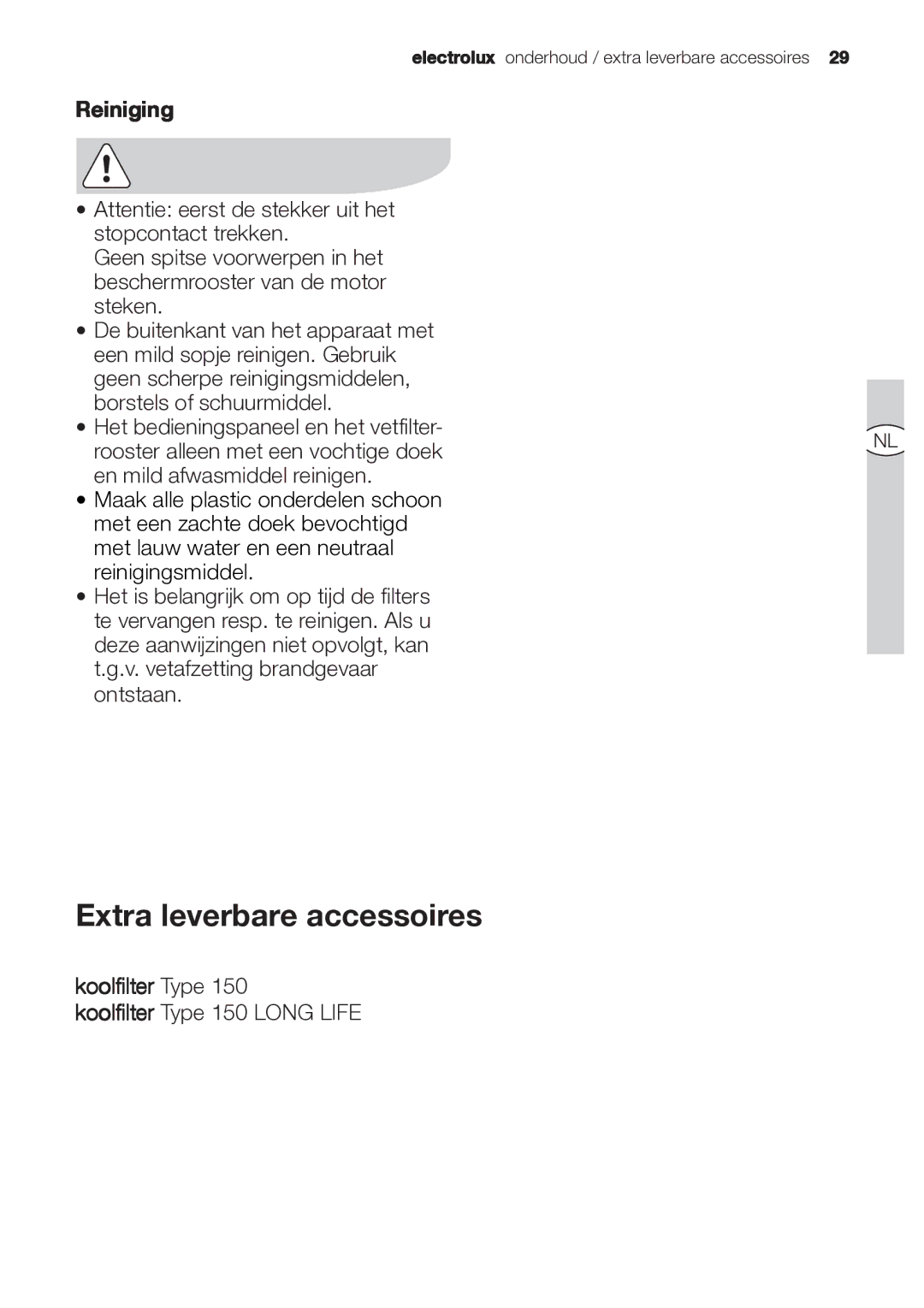 Electrolux EFP 60202 user manual Extra leverbare accessoires, Reiniging, Koolfilter Type 