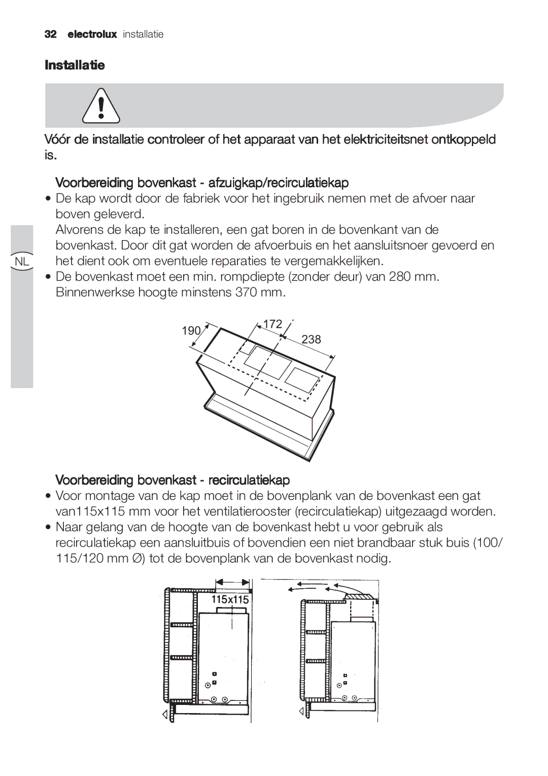 Electrolux EFP 60202 user manual Voorbereiding bovenkast recirculatiekap 