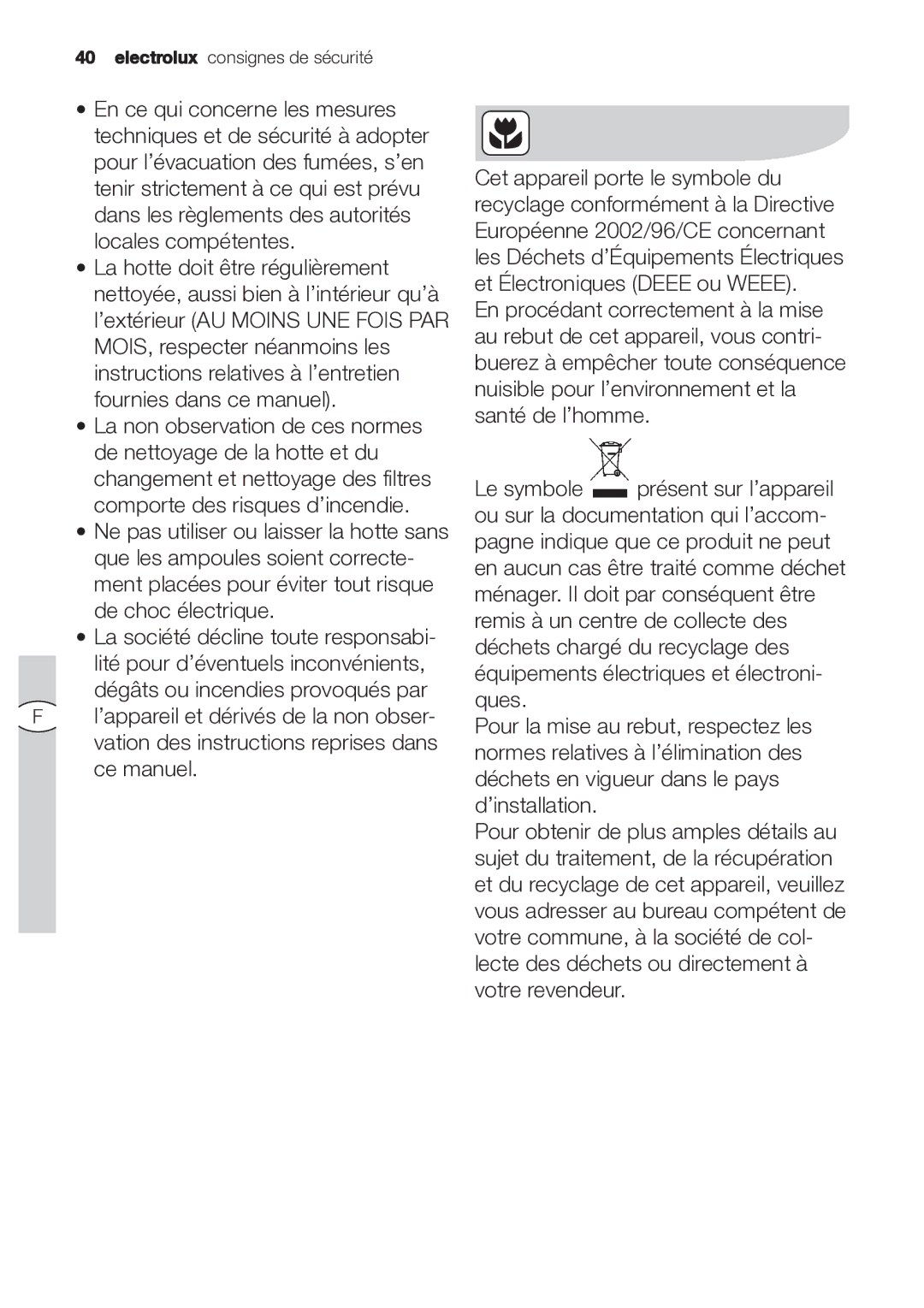 Electrolux EFP 60202 user manual Electrolux consignes de sécurité 