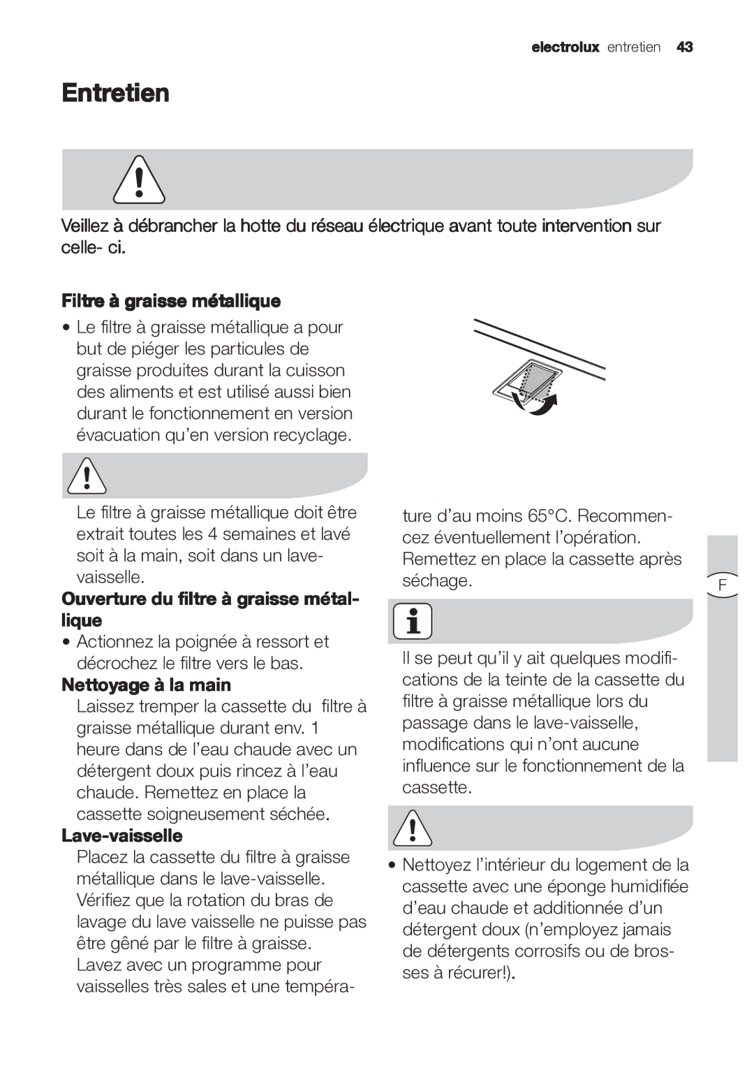 Electrolux EFP 60202 user manual Entretien, Ouverture du filtre à graisse métal- lique, Nettoyage à la main, Lave-vaisselle 