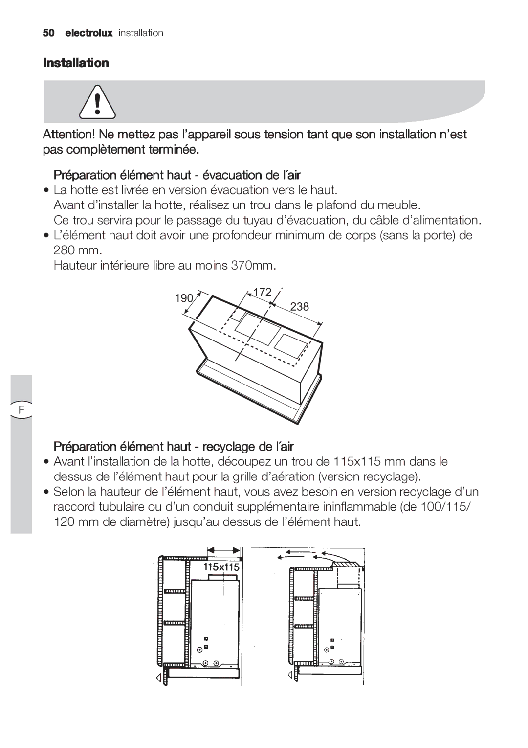 Electrolux EFP 60202 user manual Installation Préparation élément haut évacuation de l´air 