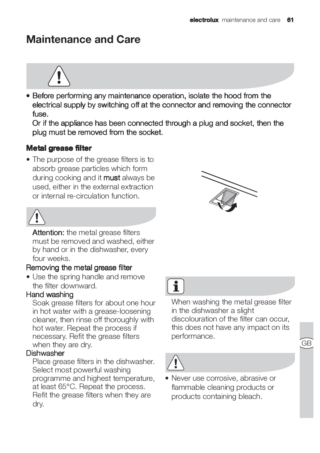 Electrolux EFP 60202 user manual Maintenance and Care, Removing the metal grease filter, Hand washing, Dishwasher 