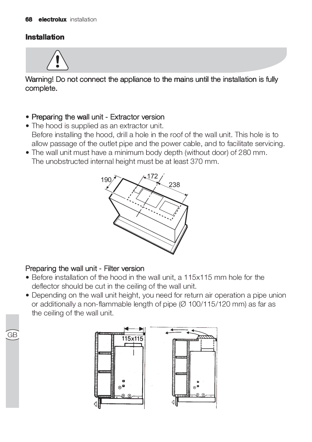 Electrolux EFP 60202 Installation Preparing the wall unit Extractor version, Preparing the wall unit Filter version 