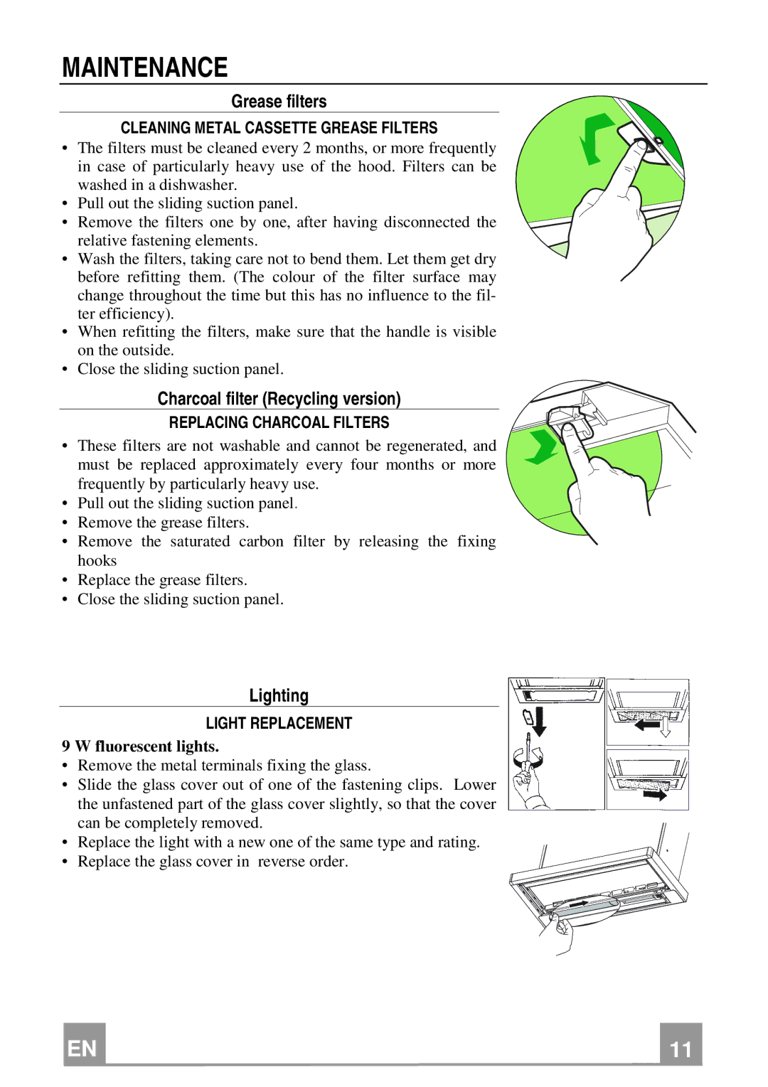 Electrolux EFP 60241 manual Maintenance, Grease filters, Charcoal filter Recycling version, Lighting 