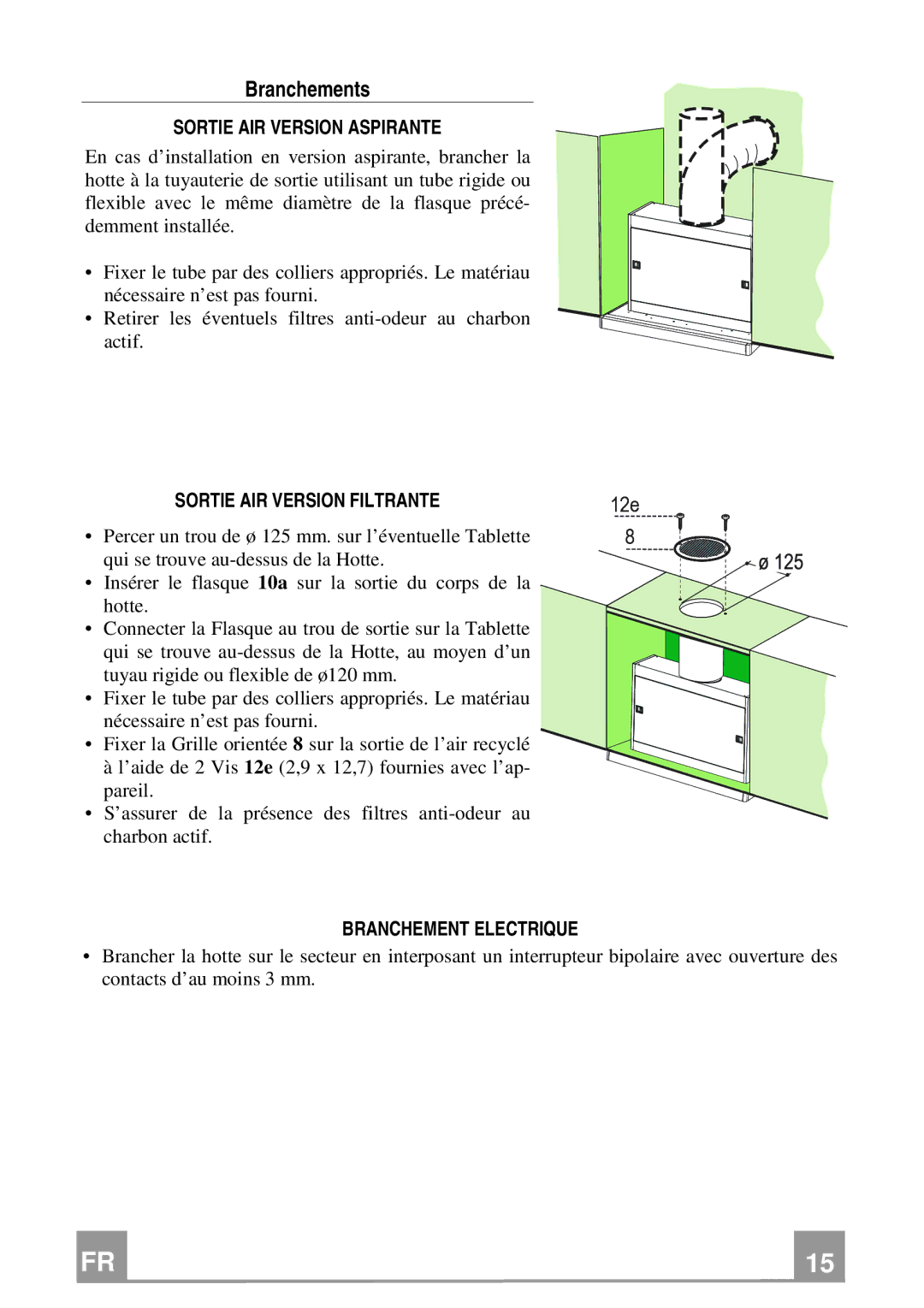 Electrolux EFP 60241 Branchements, Sortie AIR Version Aspirante, Sortie AIR Version Filtrante, Branchement Electrique 