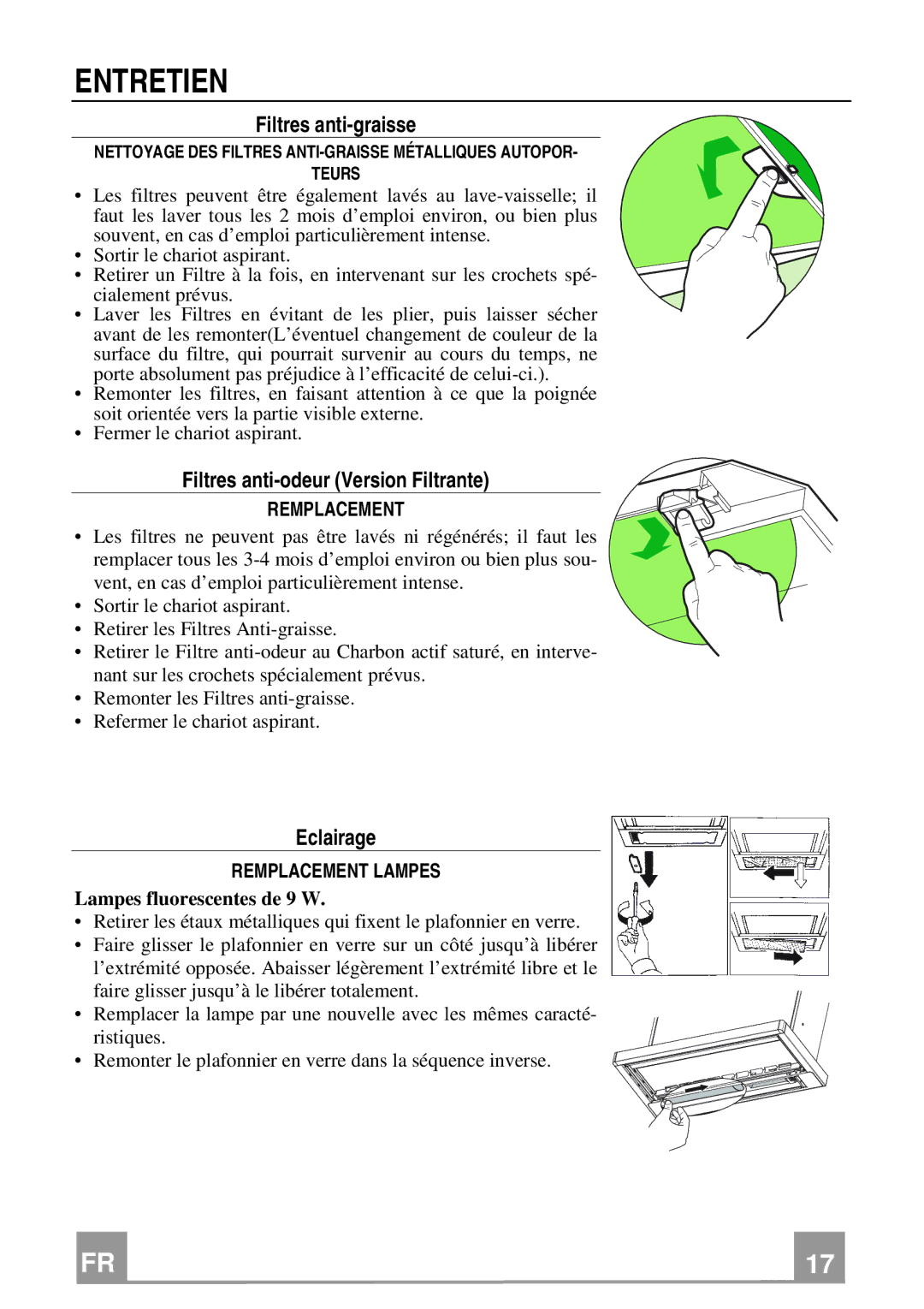 Electrolux EFP 60241 manual Entretien, Filtres anti-graisse, Filtres anti-odeur Version Filtrante, Eclairage 