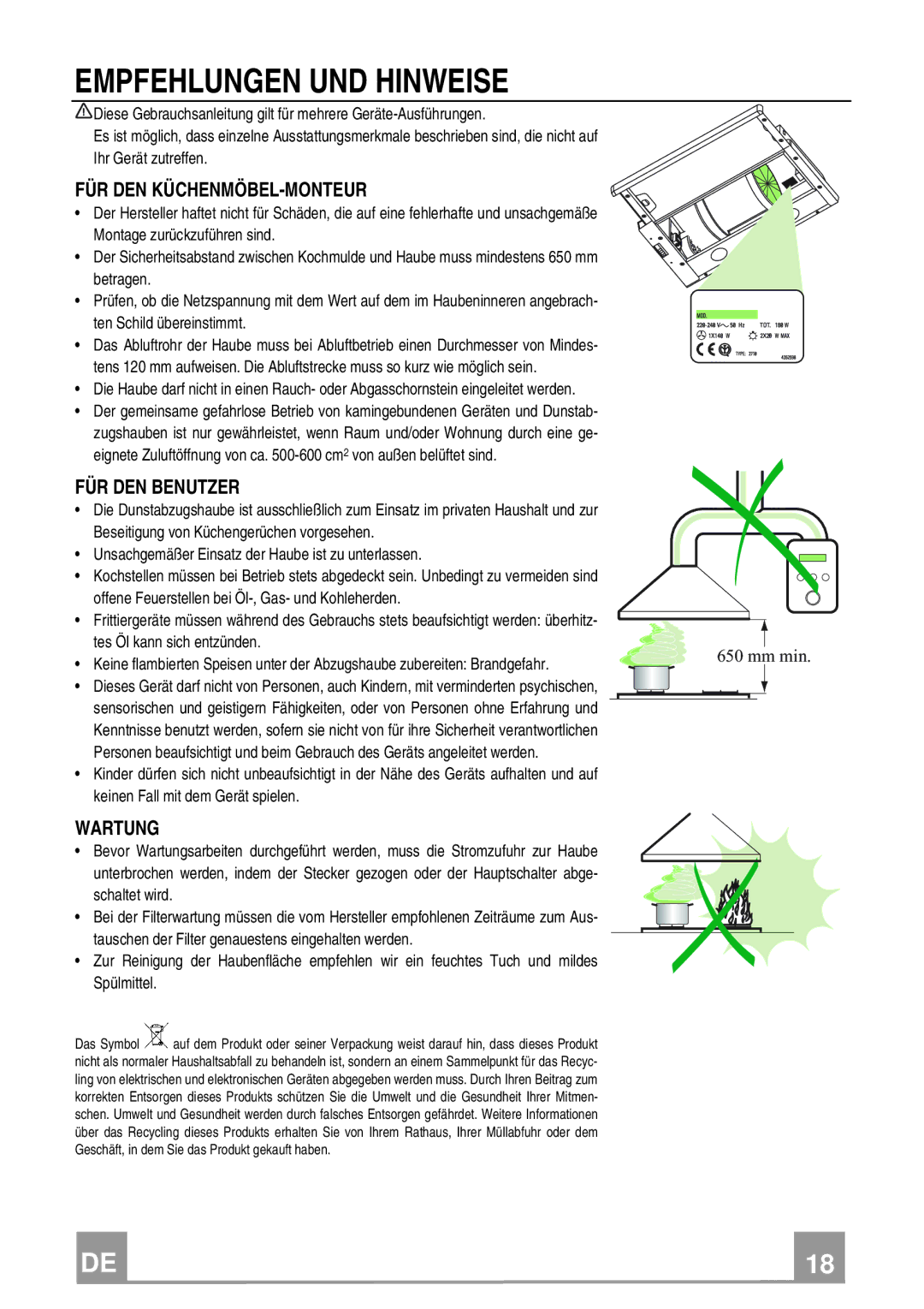 Electrolux EFP 60241 manual Empfehlungen UND Hinweise, Für Den Küchenmöbel-Monteur, FÜR DEN Benutzer, Wartung 