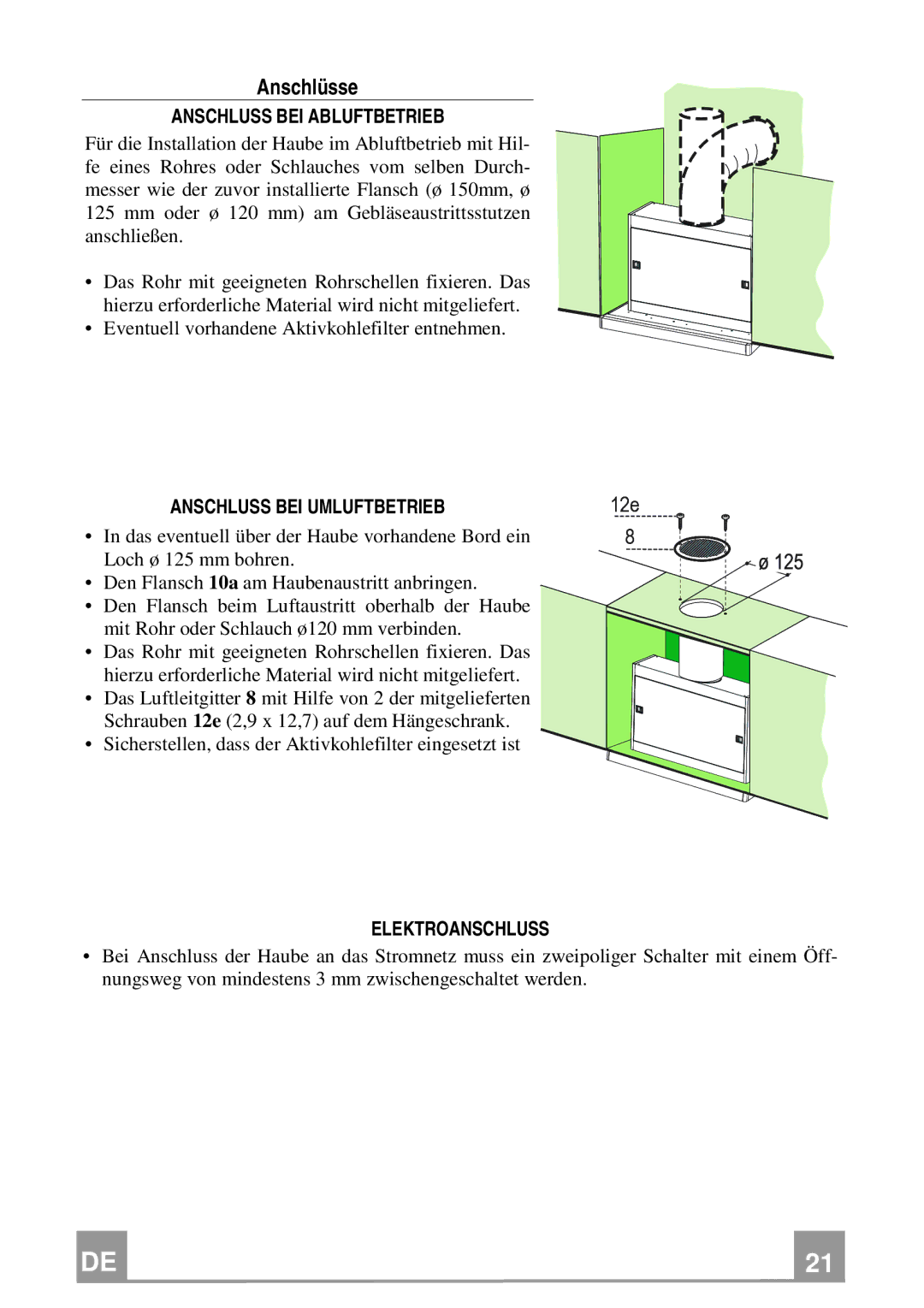 Electrolux EFP 60241 manual Anschlüsse, Anschluss BEI Abluftbetrieb, Anschluss BEI Umluftbetrieb, Elektroanschluss 