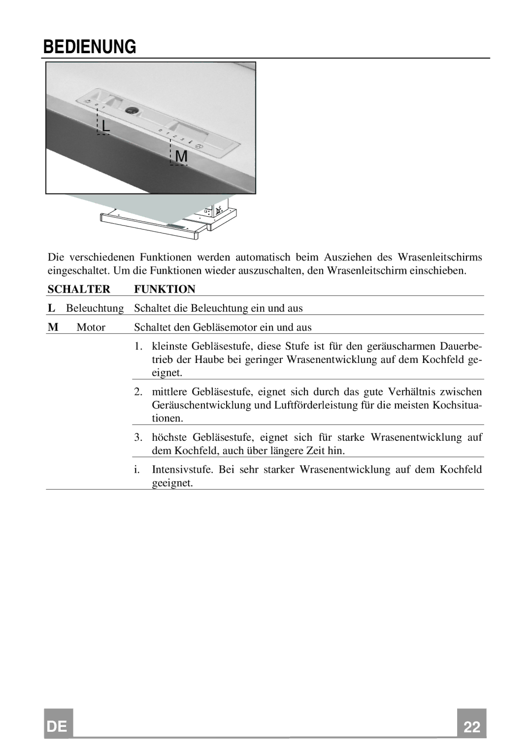 Electrolux EFP 60241 manual Bedienung, Schalter Funktion 