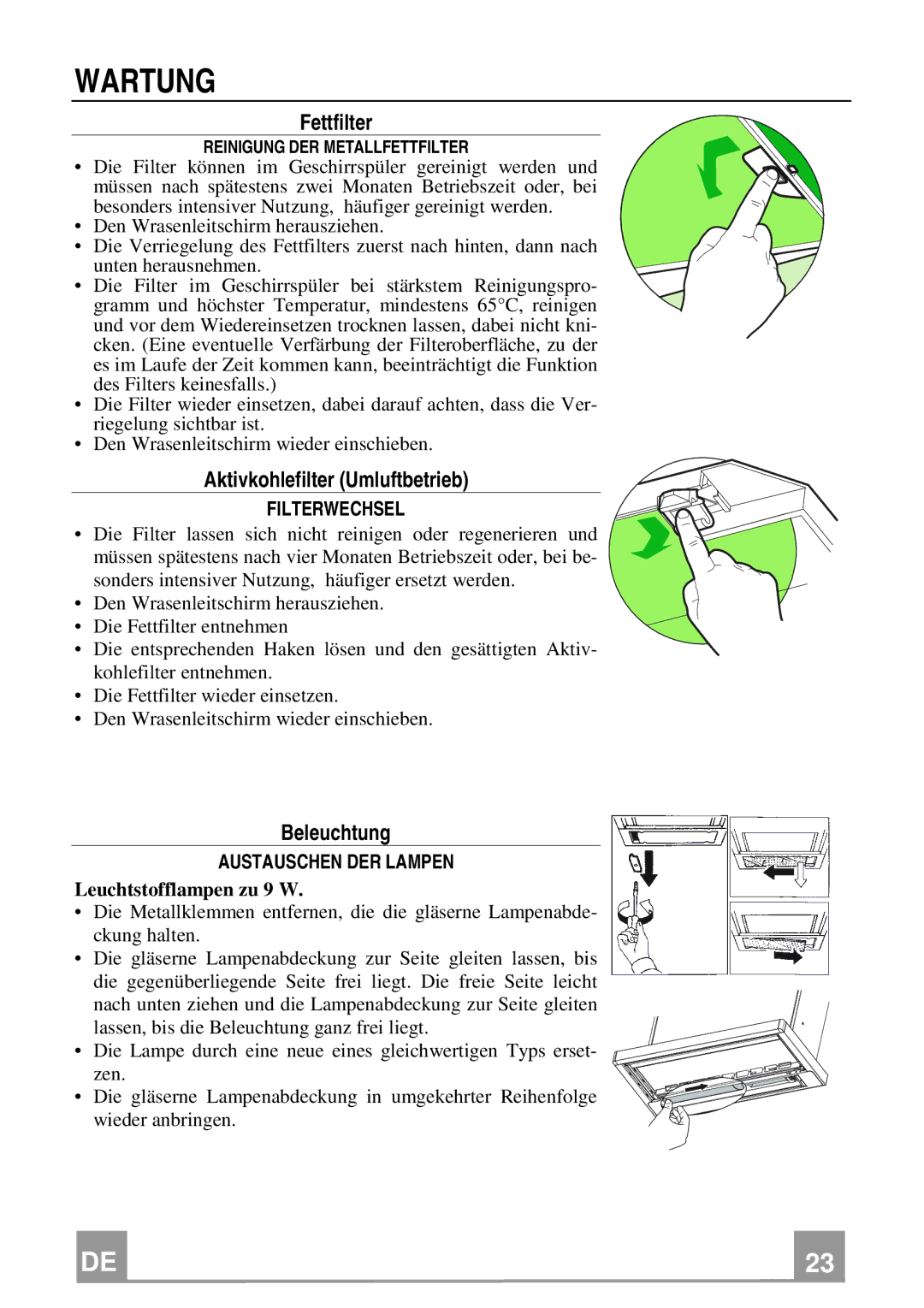 Electrolux EFP 60241 manual Wartung, Fettfilter, Aktivkohlefilter Umluftbetrieb, Beleuchtung 