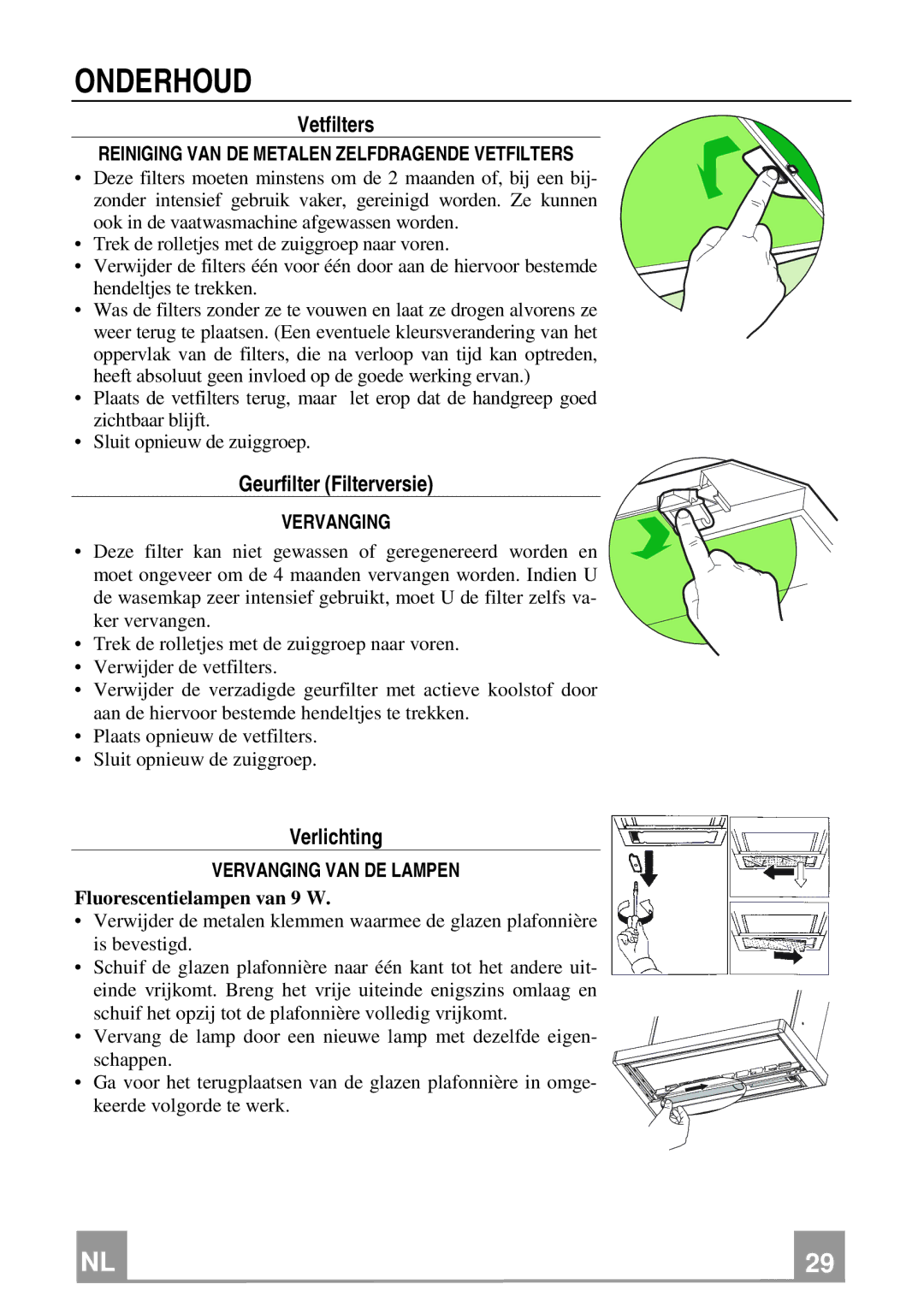 Electrolux EFP 60241 manual Onderhoud, Vetfilters, Geurfilter Filterversie, Verlichting 