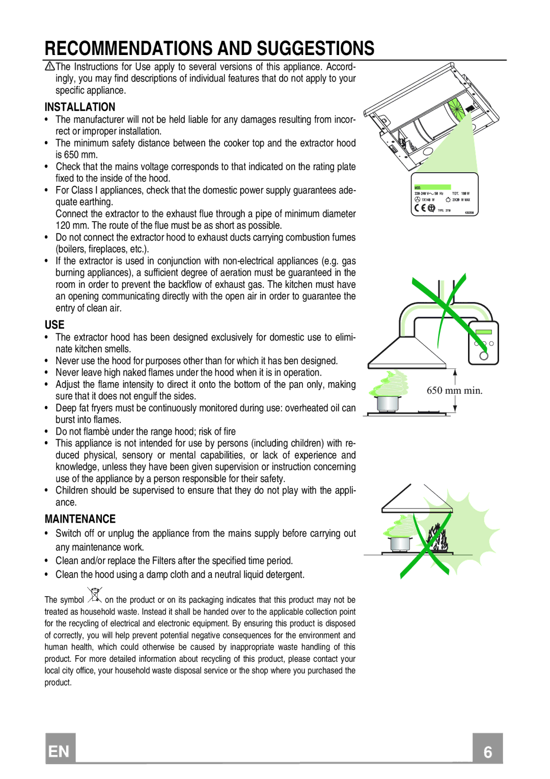 Electrolux EFP 60241 manual Recommendations and Suggestions, Installation, Use, Maintenance 