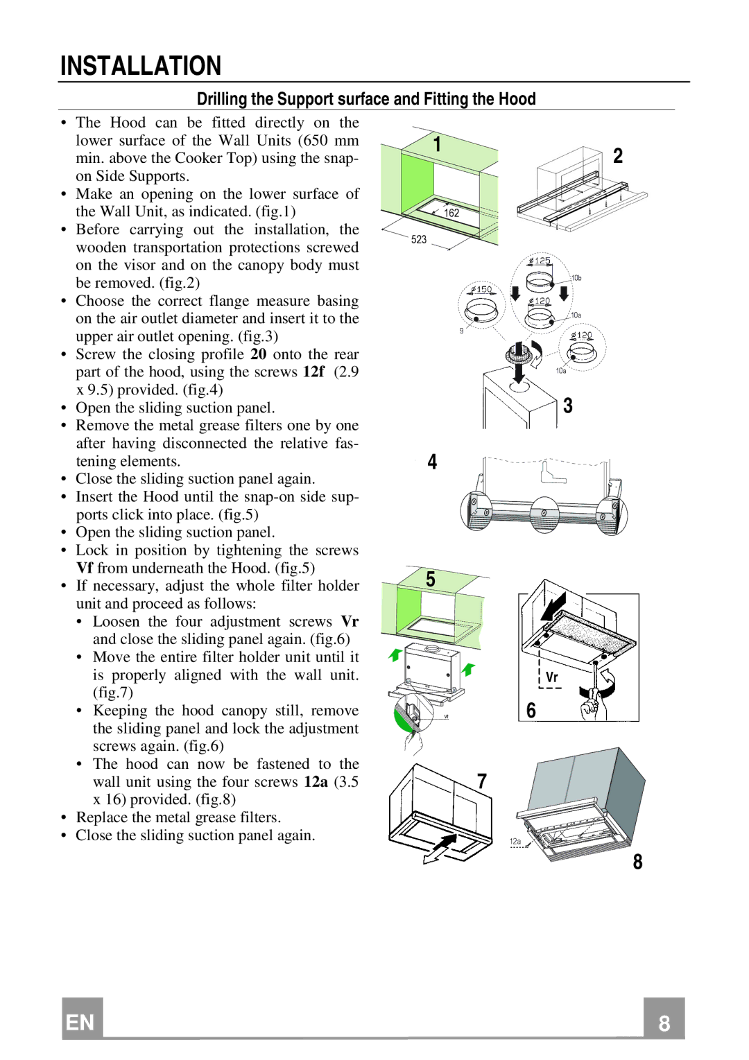 Electrolux EFP 60241 manual Installation, Drilling the Support surface and Fitting the Hood 