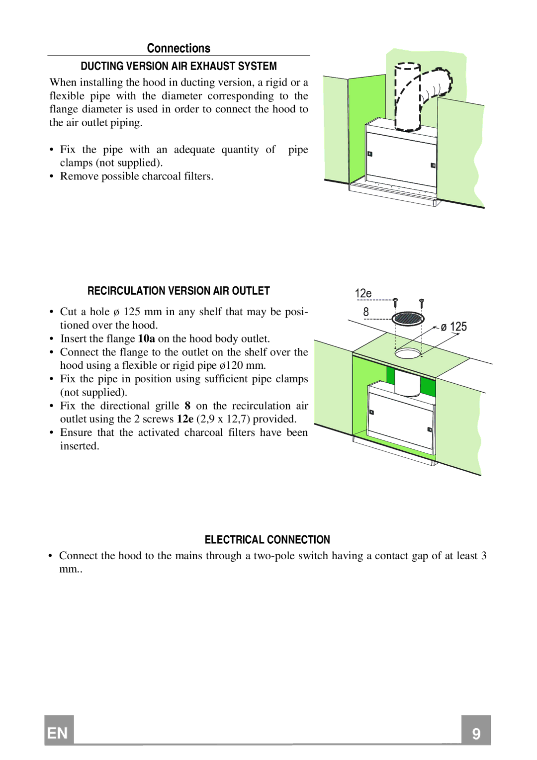 Electrolux EFP 60241 manual Connections, Ducting Version AIR Exhaust System, Recirculation Version AIR Outlet 