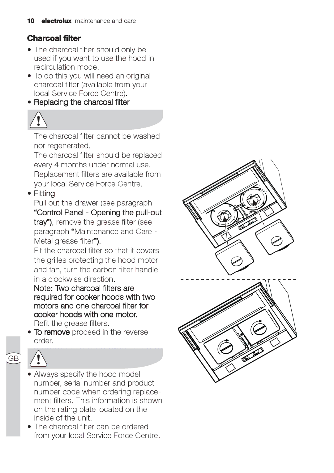 Electrolux EFP 60520, EFP 60310 user manual Charcoal filter, Replacing the charcoal filter, Fitting 