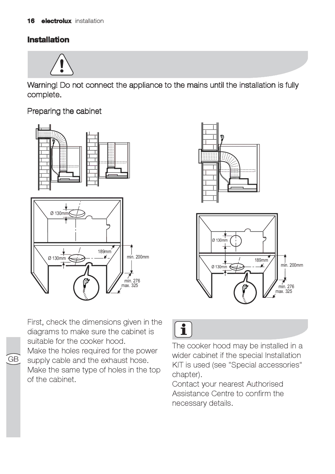 Electrolux EFP 60520, EFP 60310 user manual Installation Preparing the cabinet 