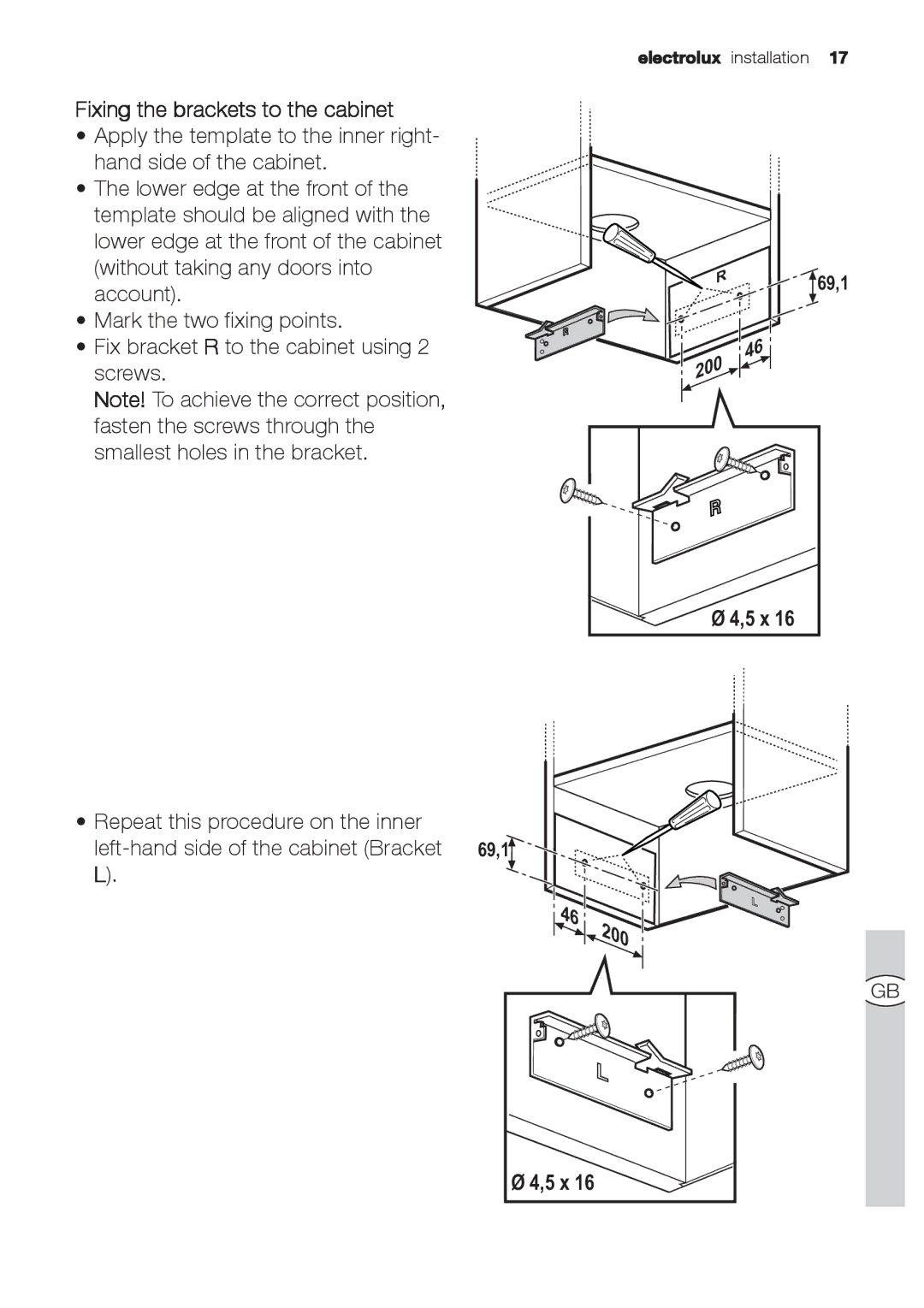 Electrolux EFP 60310, EFP 60520 user manual Fixing the brackets to the cabinet, 5 x 