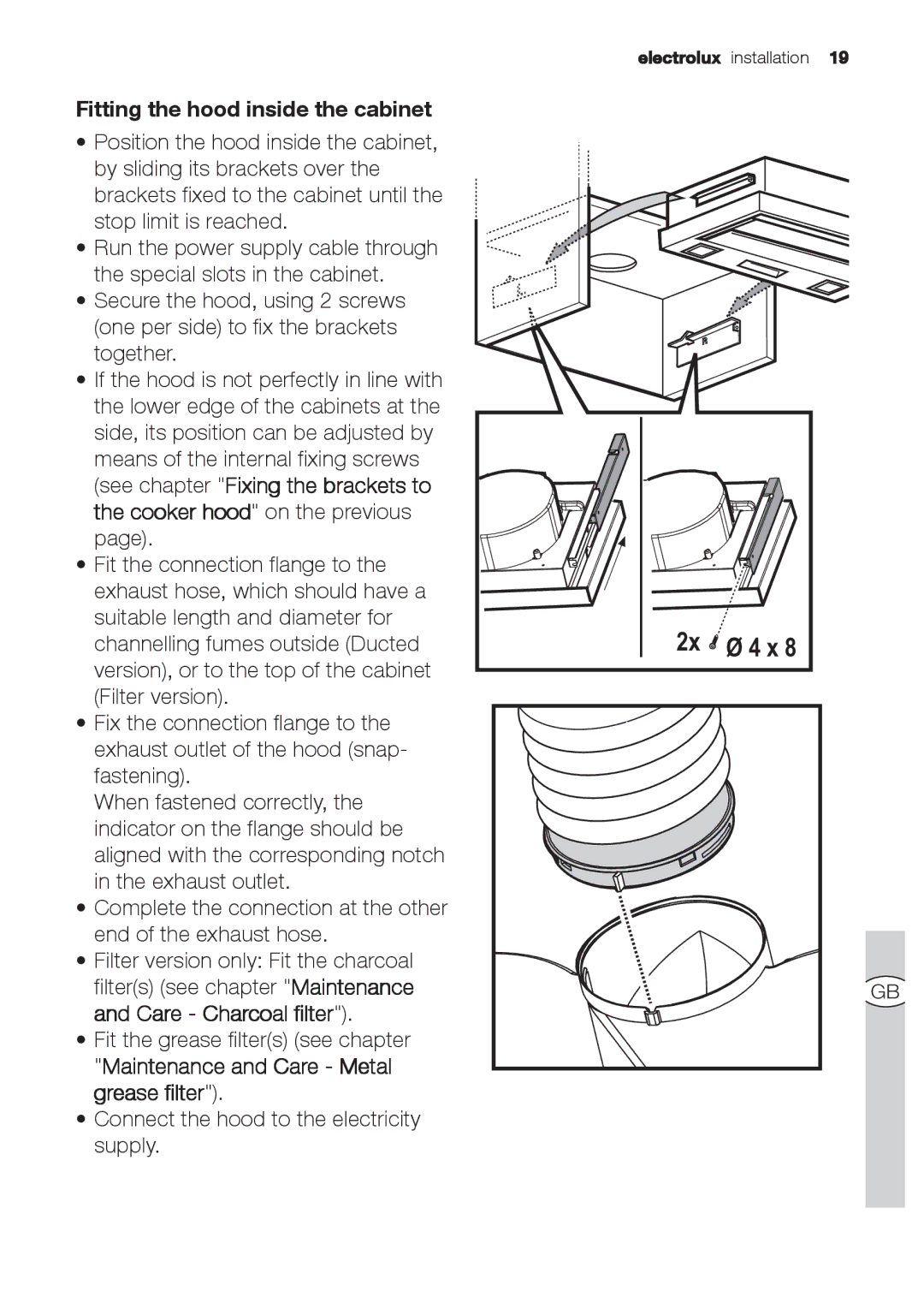 Electrolux EFP 60310, EFP 60520 user manual Fitting the hood inside the cabinet 