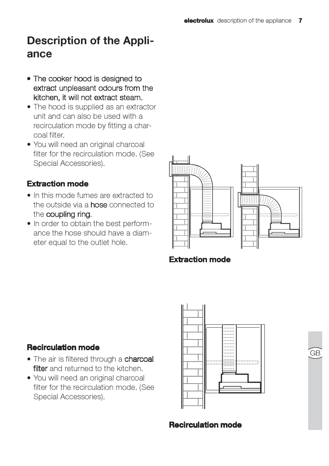 Electrolux EFP 60310, EFP 60520 Description of the Appli- ance, Coupling ring, Extraction mode Recirculation mode 