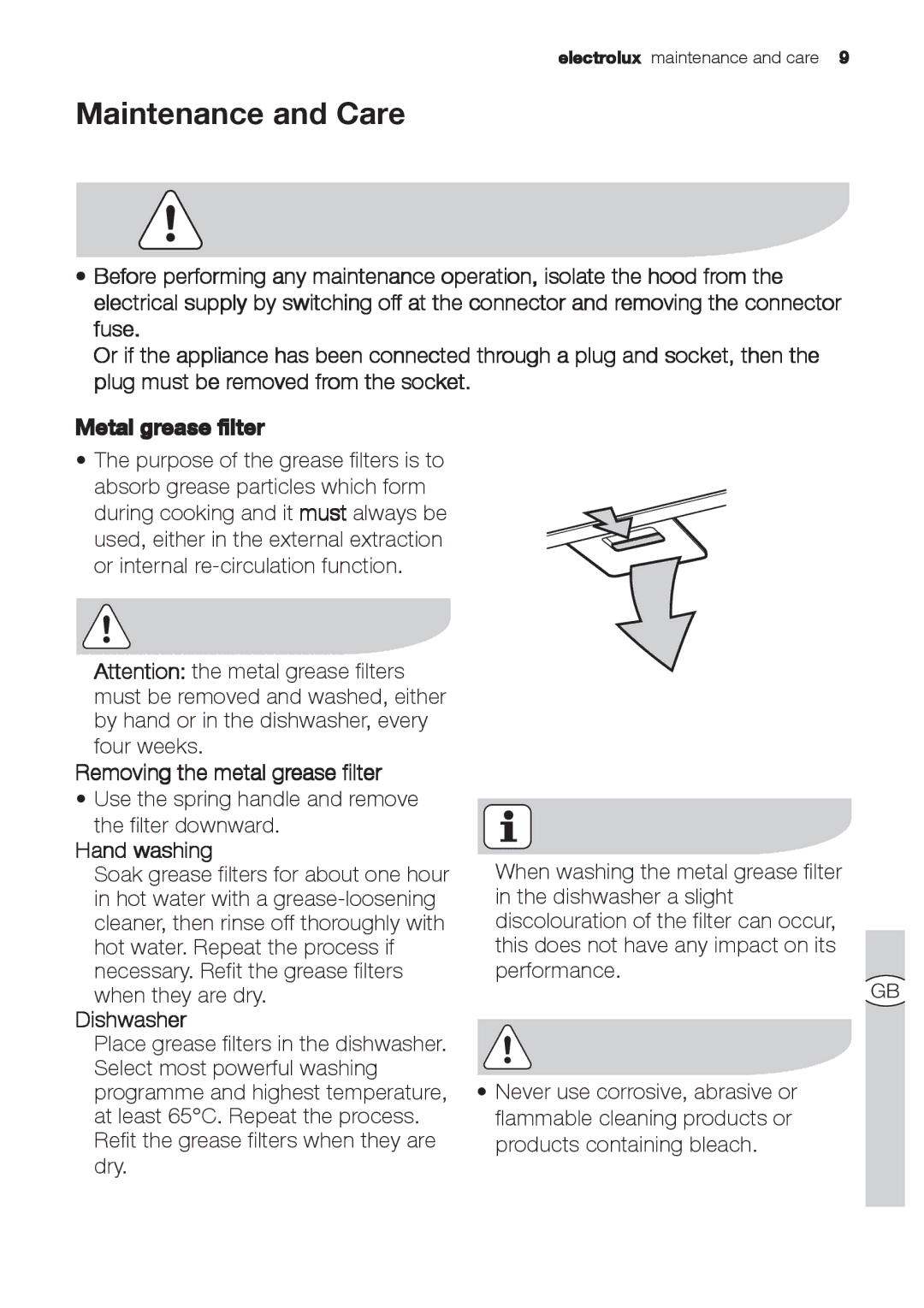 Electrolux EFP 60310, EFP 60520 user manual Maintenance and Care, Removing the metal grease filter, Hand washing, Dishwasher 