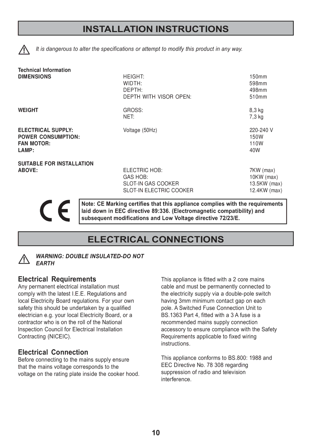 Electrolux EFT 615 manual Installation Instructions, Electrical Connections, Electrical Requirements 