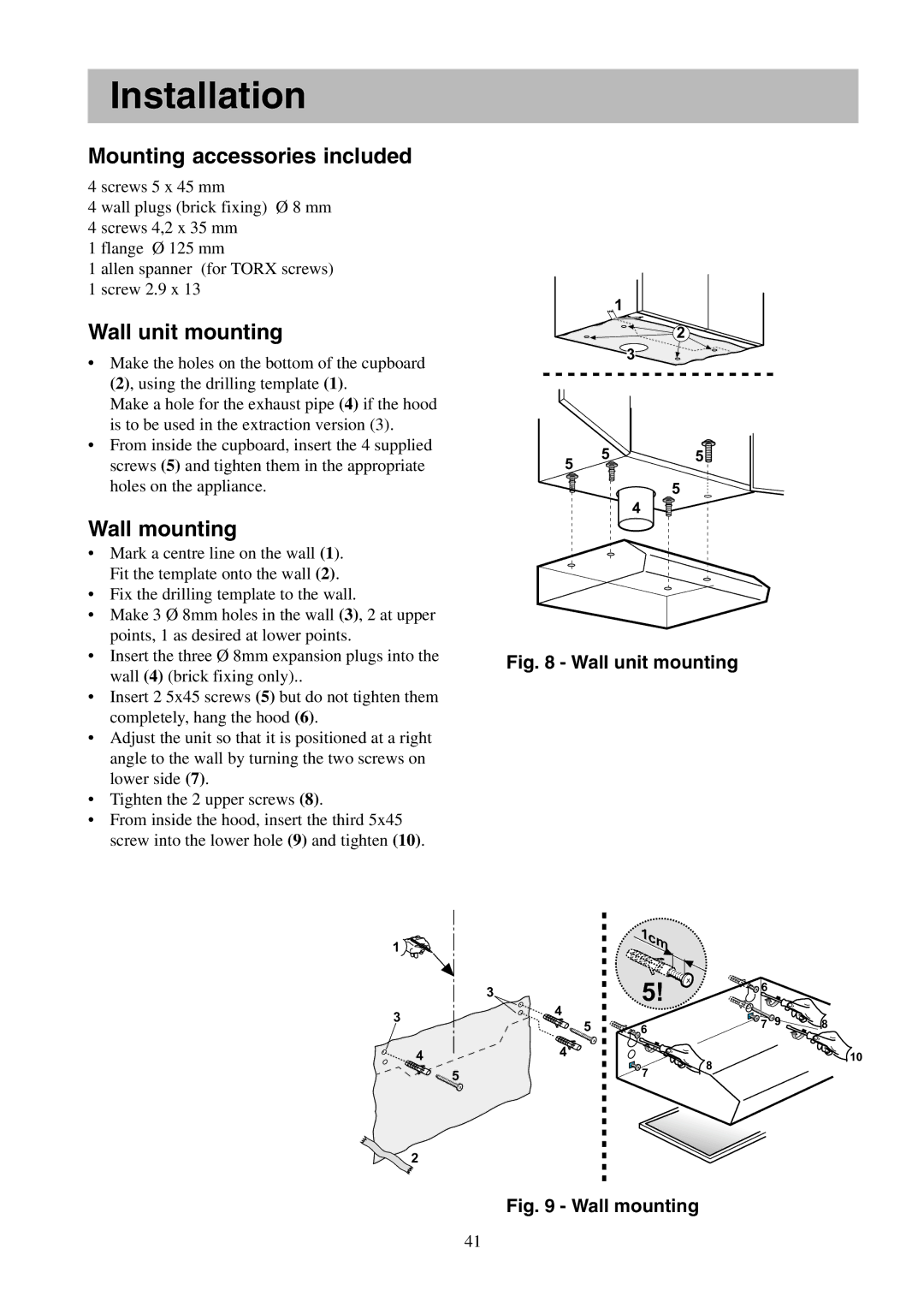 Electrolux EFT 635, EFT 535, EFT 630, EFT 530 Mounting accessories included, Wall unit mounting, Wall mounting 