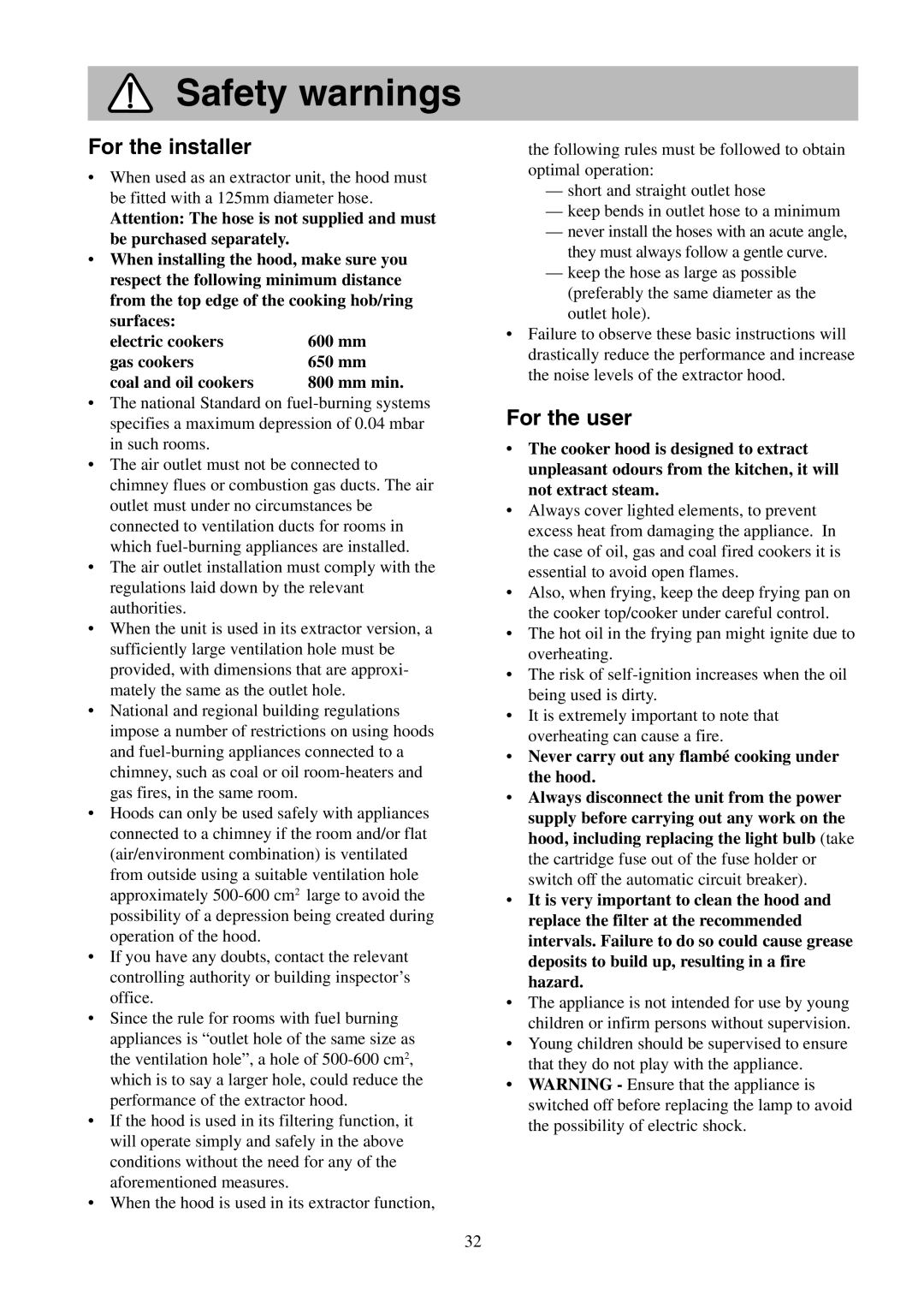 Electrolux EFT 530, EFT 635, EFT 535, EFT 630 installation instructions Safety warnings, For the installer, For the user 