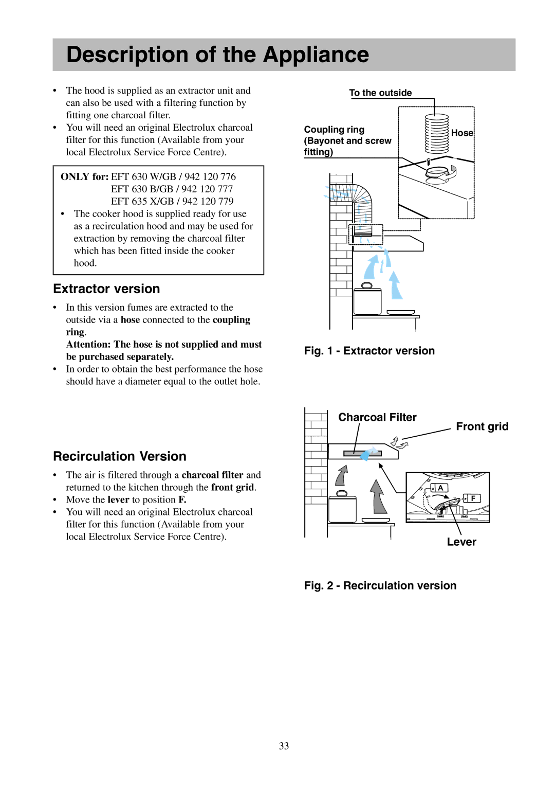 Electrolux EFT 635 Description of the Appliance, Extractor version, Recirculation Version, Be purchased separately 