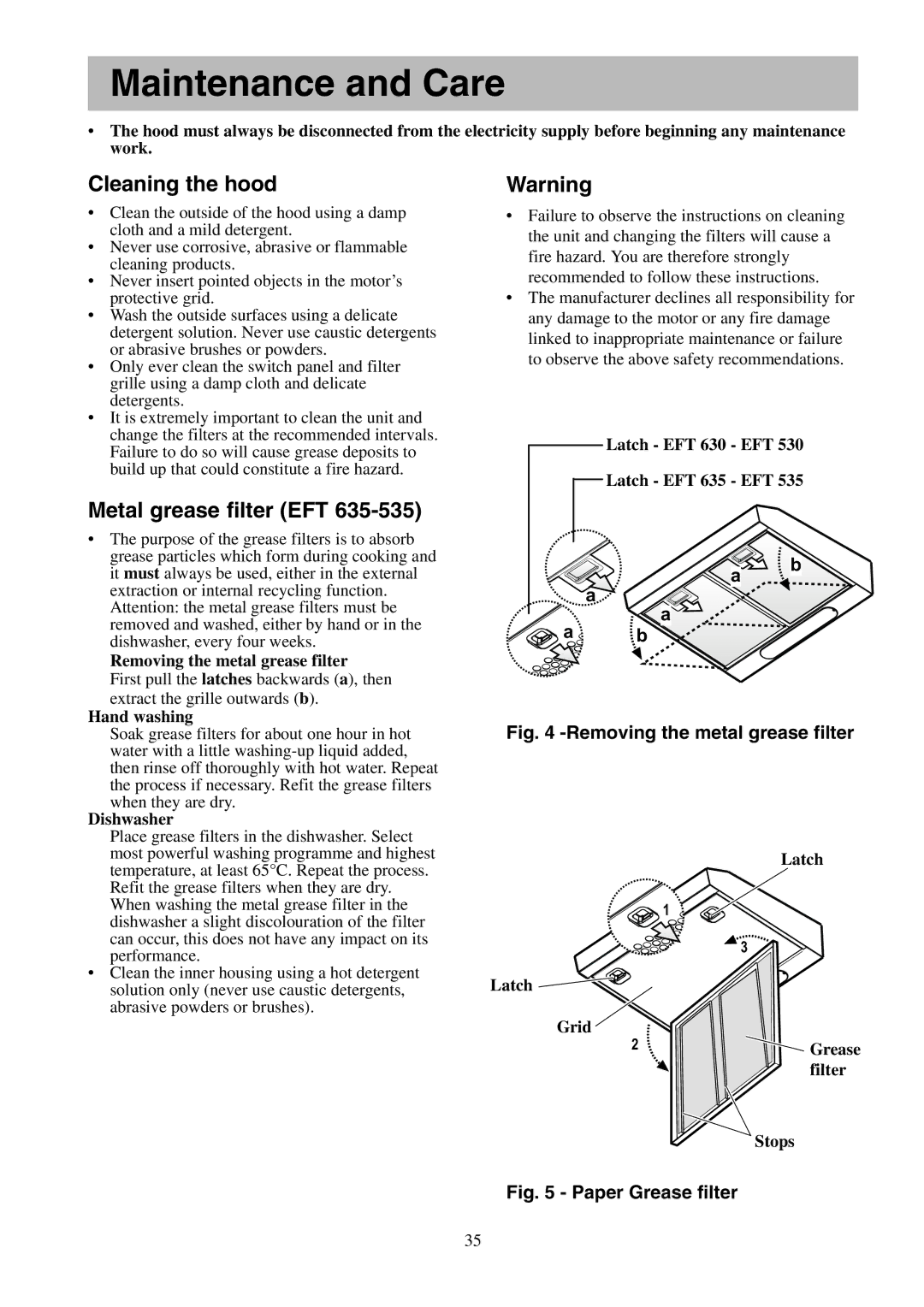 Electrolux EFT 630, EFT 635, EFT 535, EFT 530 Maintenance and Care, Cleaning the hood, Metal grease filter EFT 