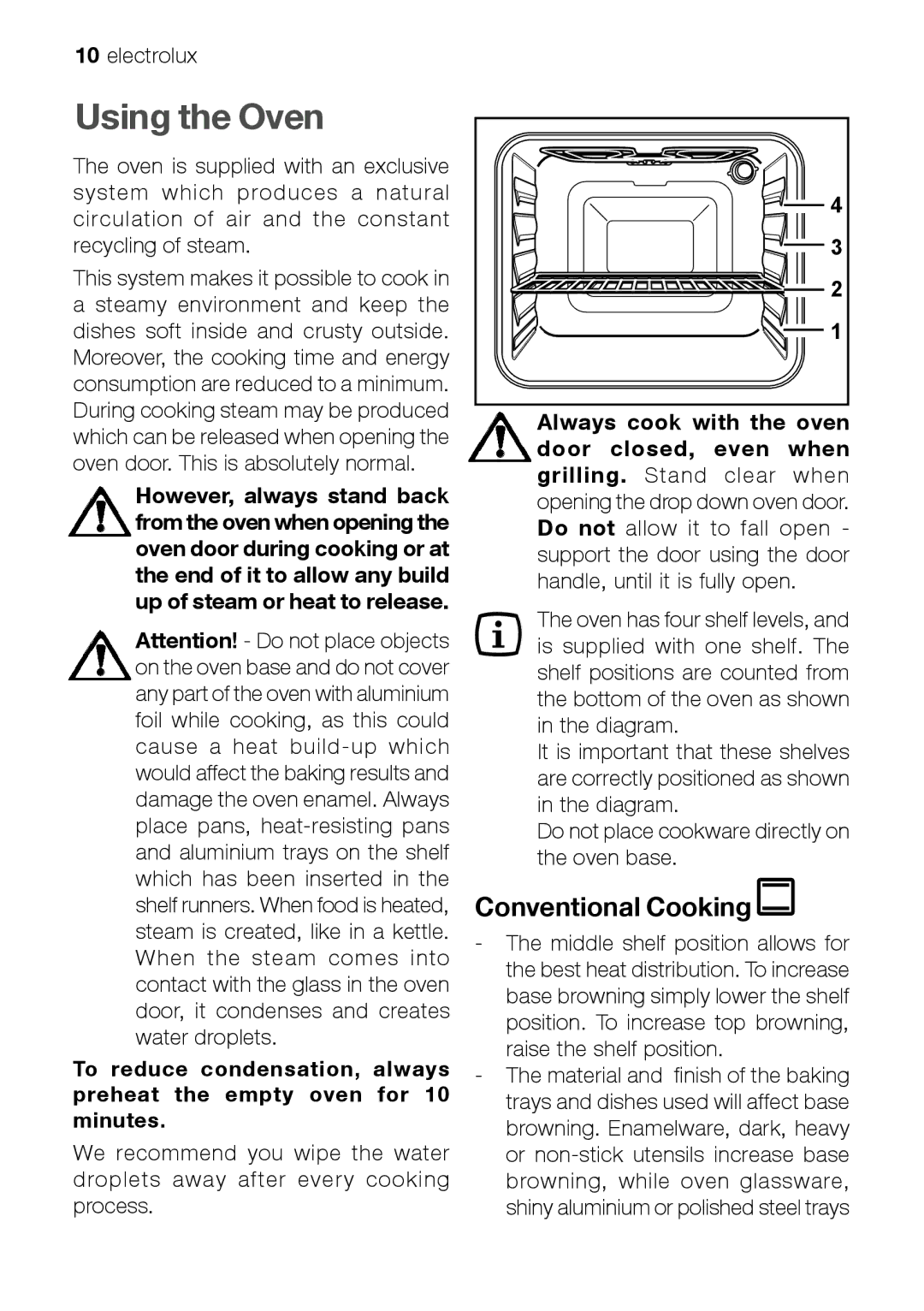 Electrolux EFT60001W user manual Using the Oven, Conventional Cooking 