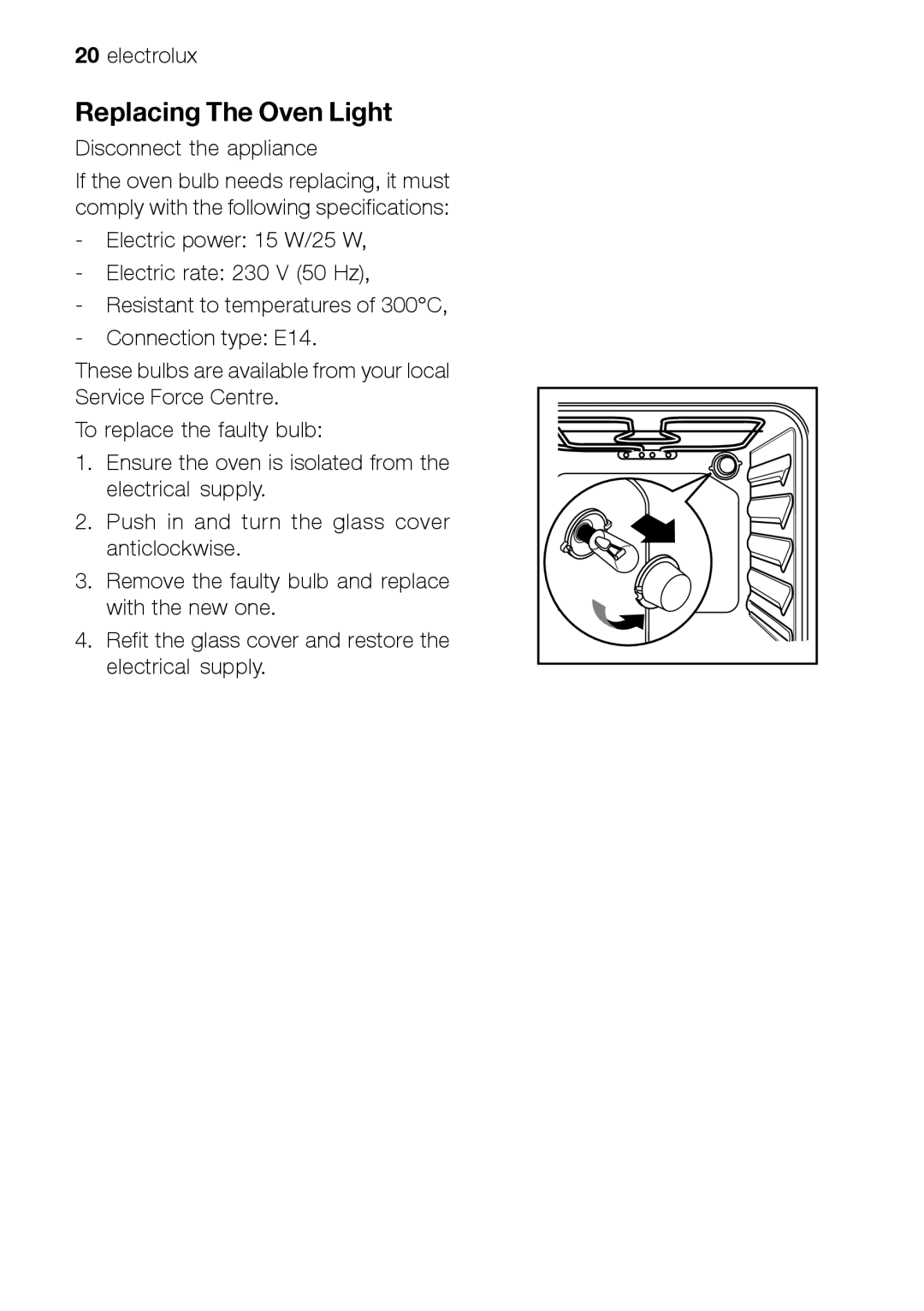 Electrolux EFT60001W user manual Replacing The Oven Light 