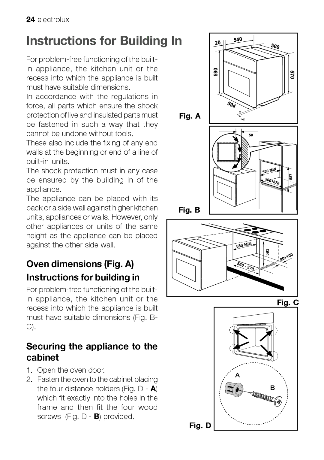 Electrolux EFT60001W user manual Instructions for Building, Oven dimensions Fig. a Instructions for building 