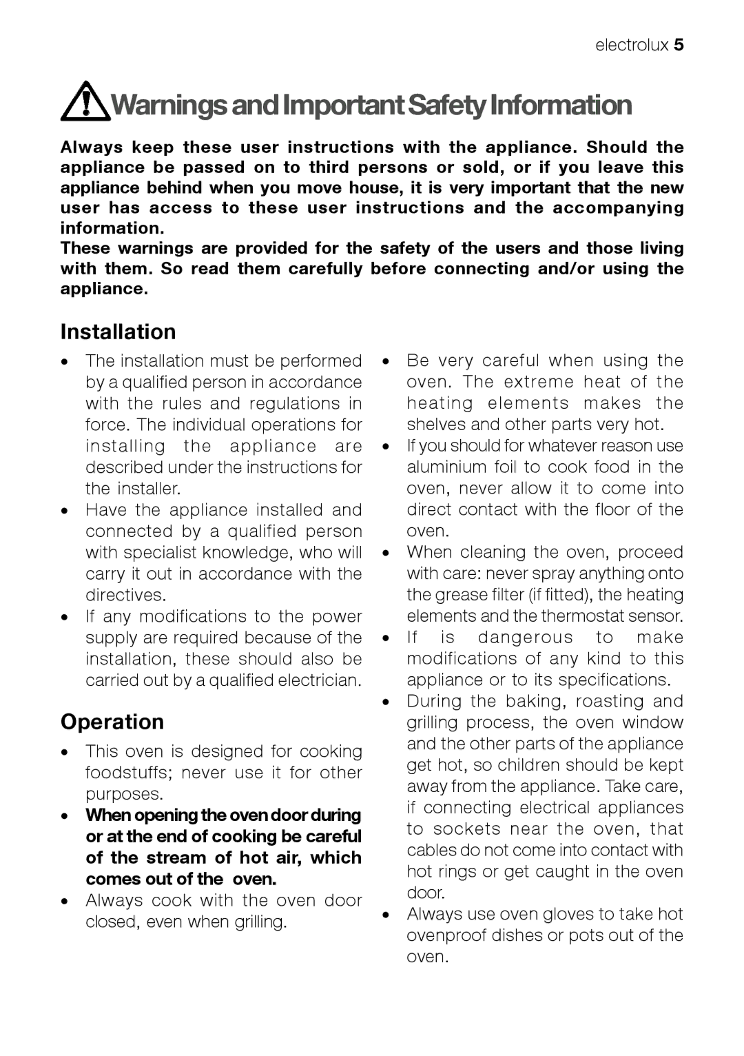 Electrolux EFT60001W user manual Installation, Operation 