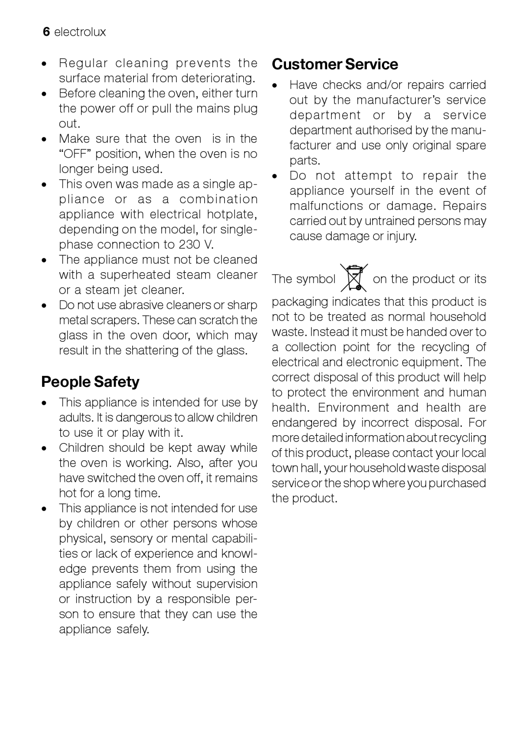 Electrolux EFT60001W user manual People Safety, Customer Service 