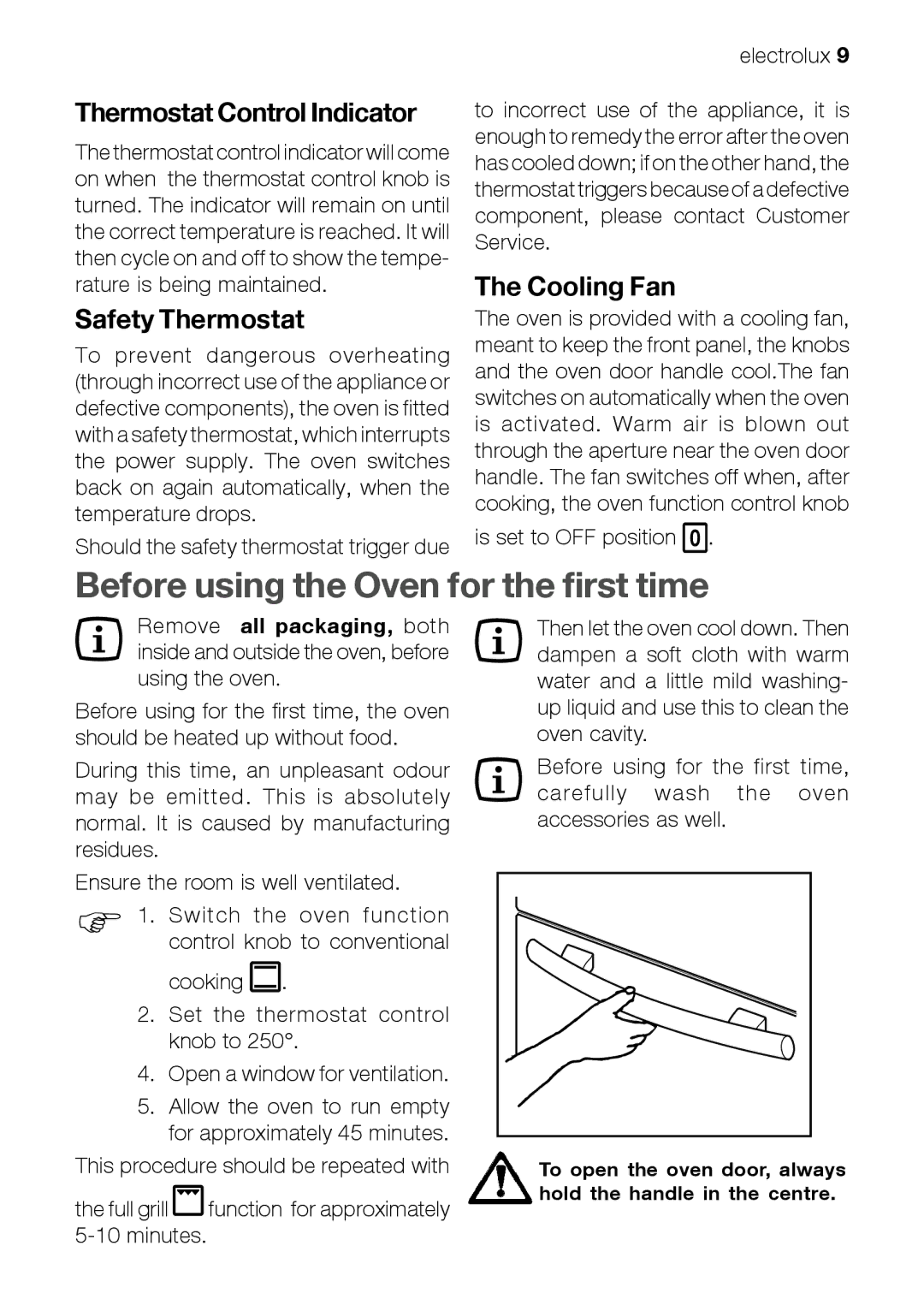 Electrolux EFT60001W user manual Before using the Oven for the first time, Thermostat Control Indicator, Safety Thermostat 