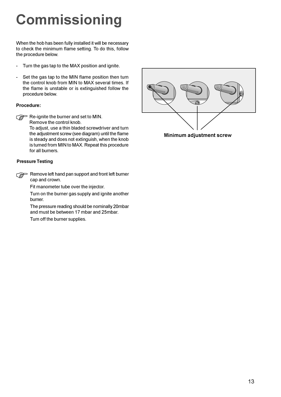 Electrolux EGG 689 manual Commissioning, Minimum adjustment screw 