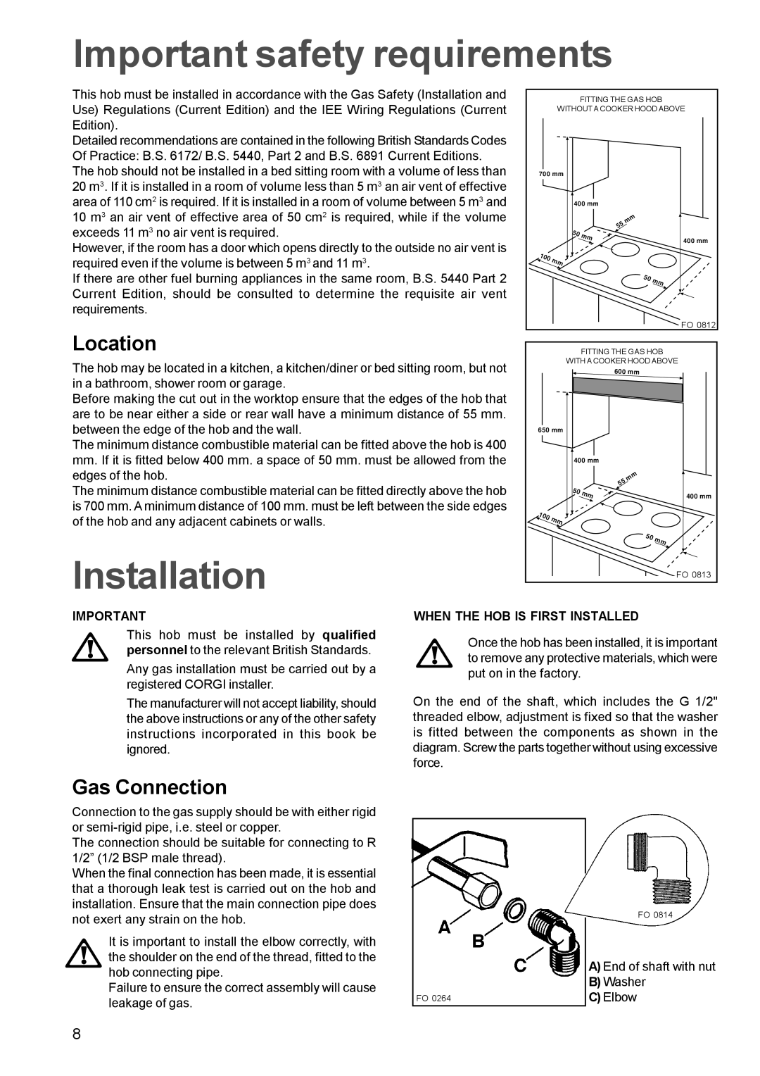 Electrolux EGG 689 Important safety requirements, Installation, Location, Gas Connection, When the HOB is First Installed 