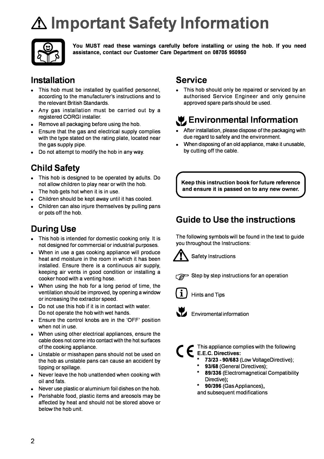 Electrolux EGG 689 manual Important Safety Information, Installation, Service, Environmental Information, Child Safety 
