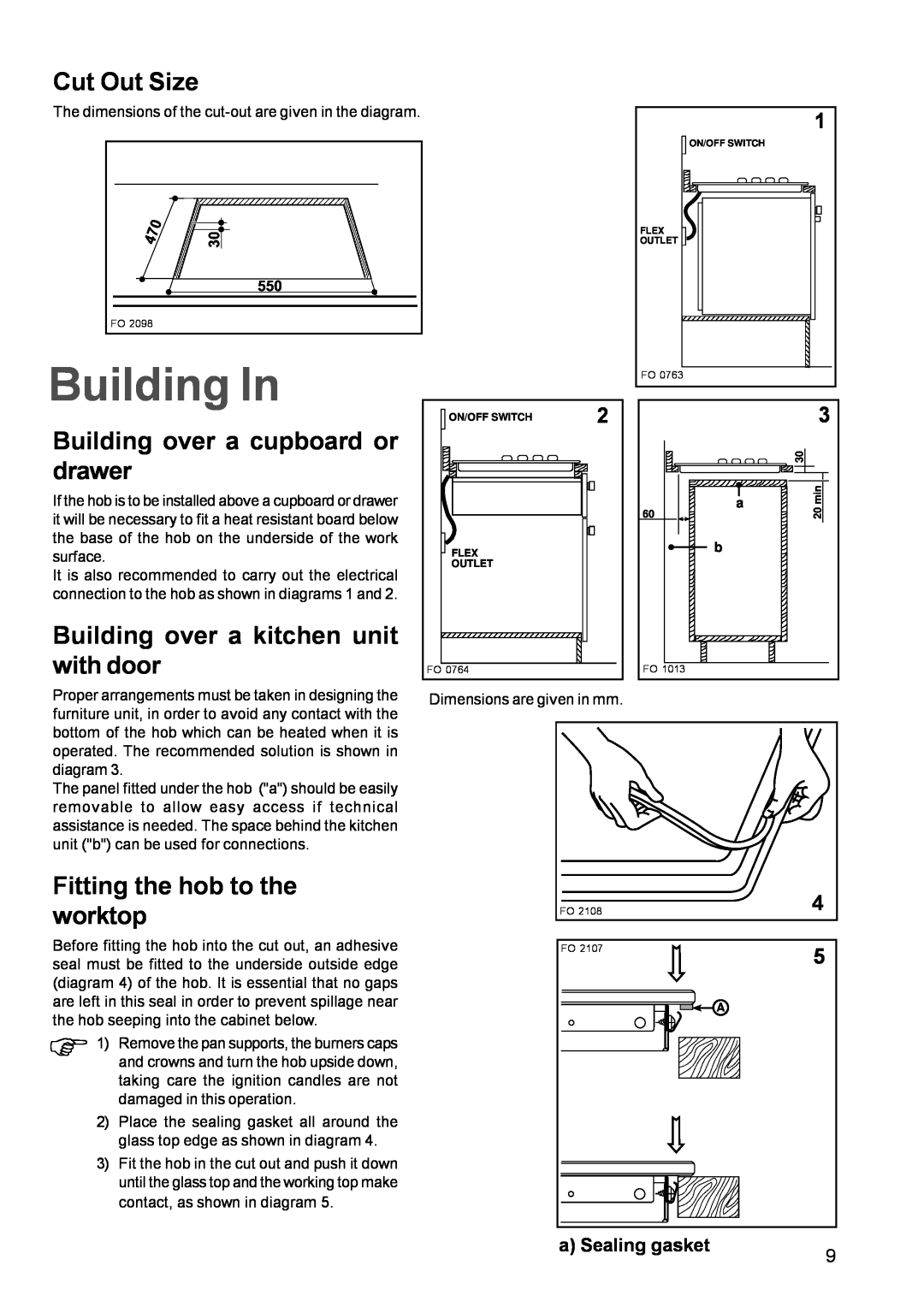 Electrolux EGG 689 Building In, Cut Out Size, Building over a cupboard or drawer, Building over a kitchen unit with door 