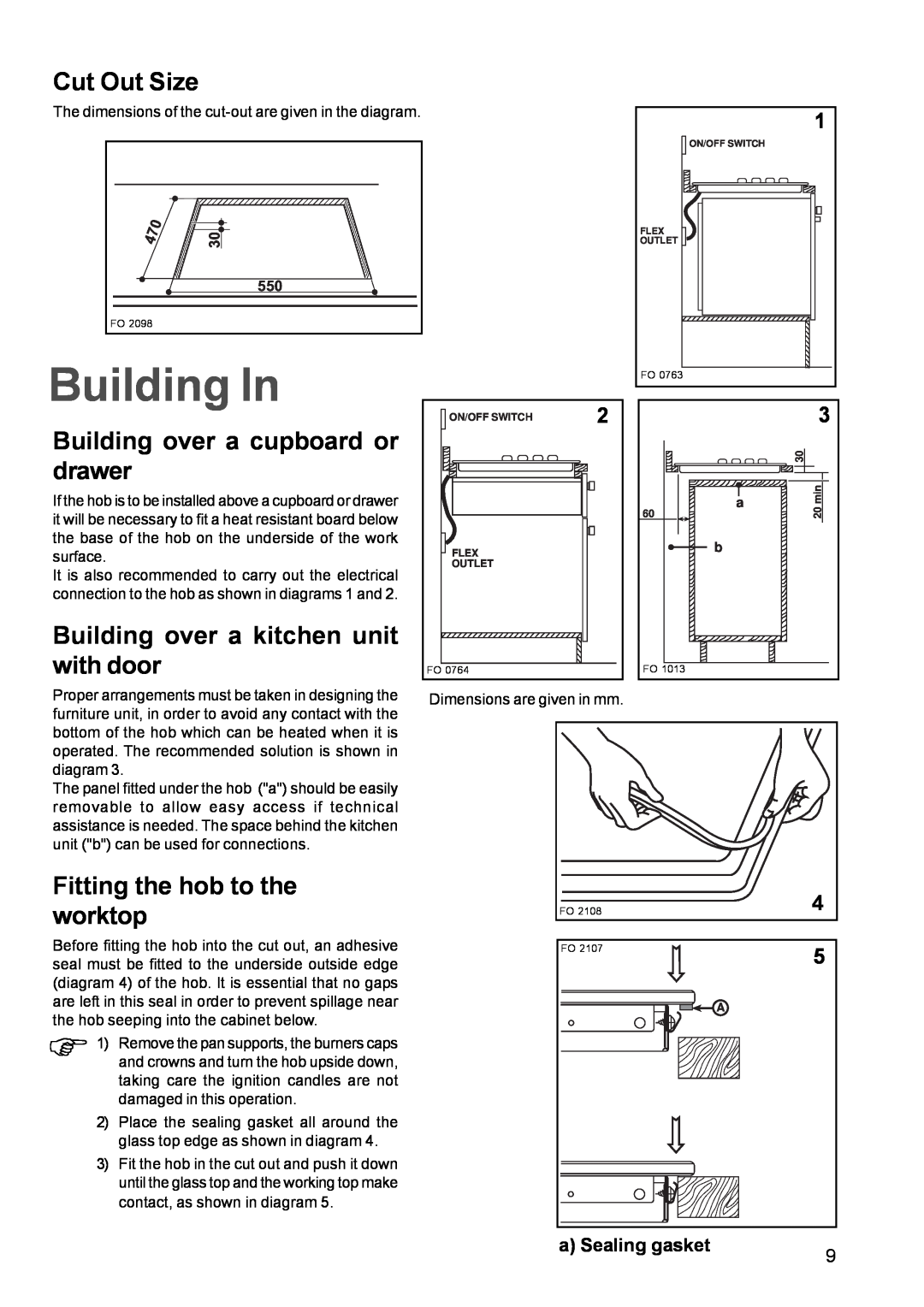 Electrolux EGG 690 Building In, Cut Out Size, Building over a cupboard or drawer, Building over a kitchen unit with door 