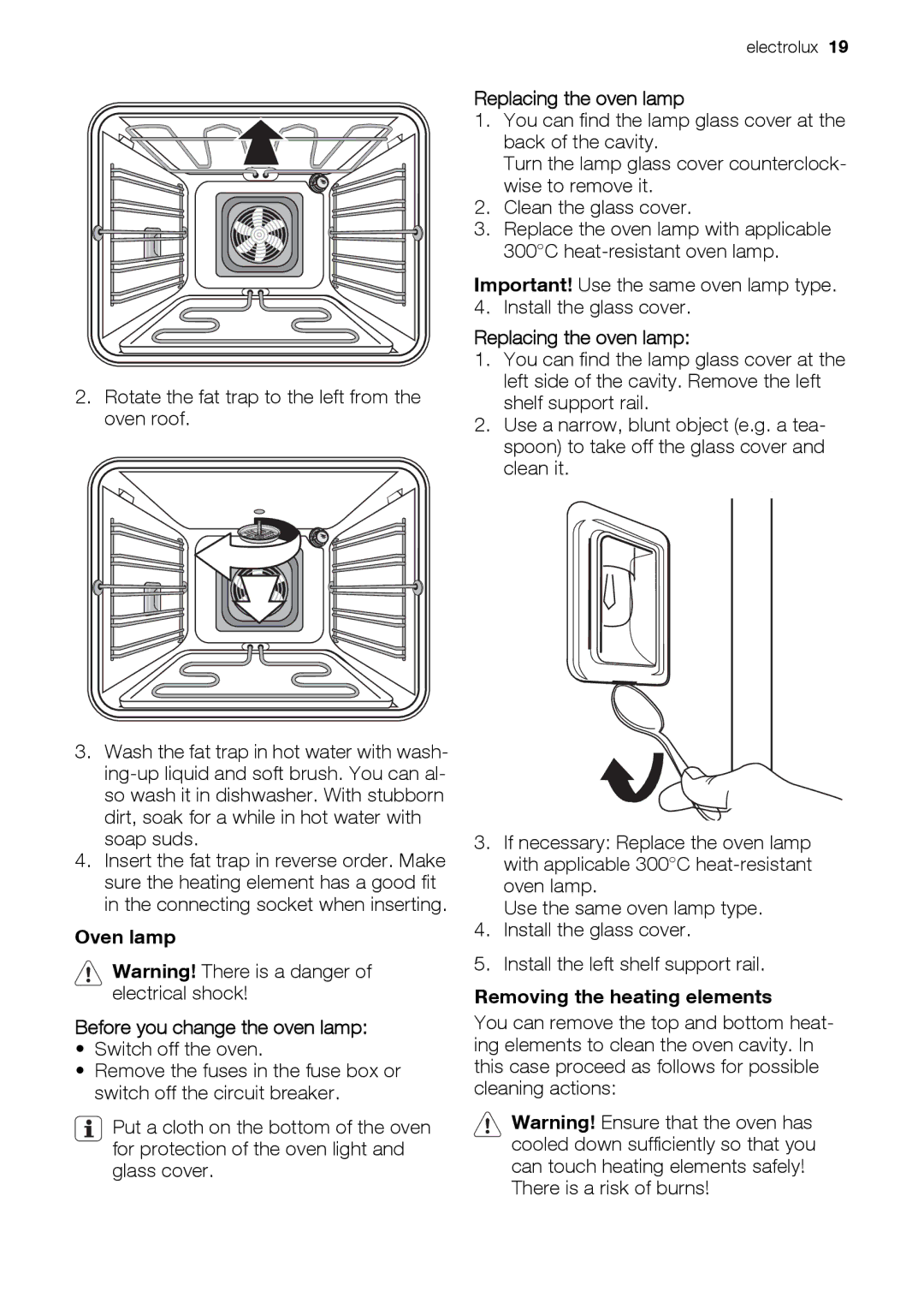 Electrolux EH GL5X-4 Oven lamp Before you change the oven lamp, Replacing the oven lamp, Removing the heating elements 