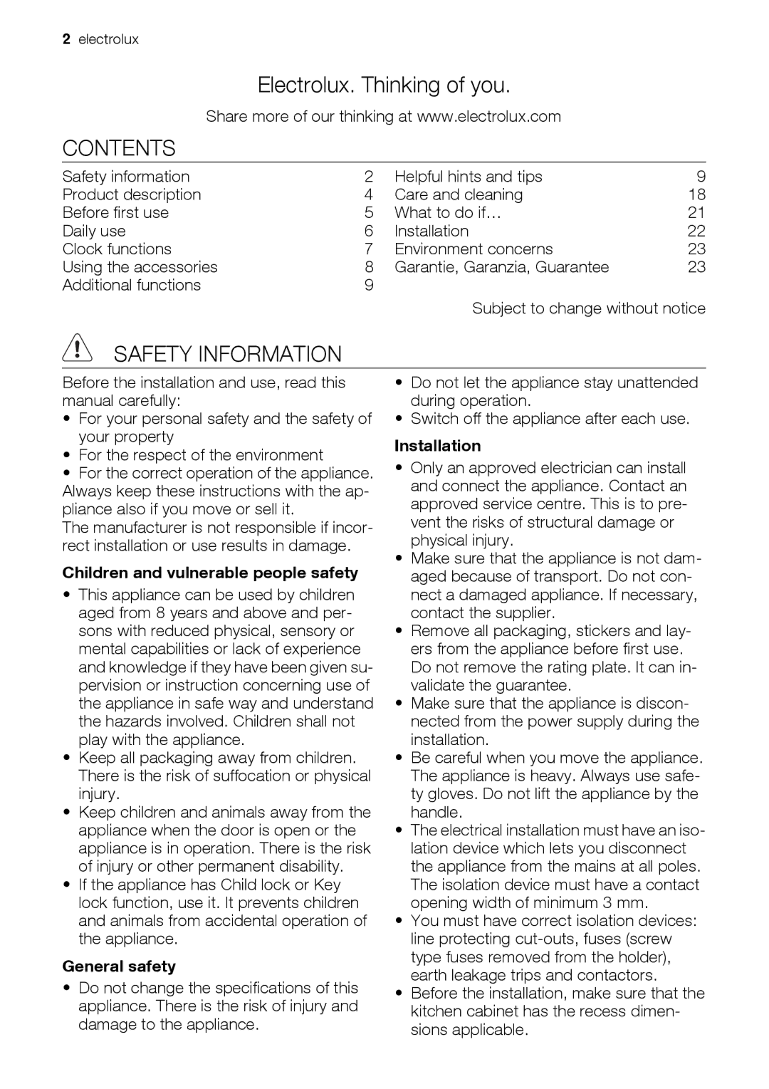 Electrolux EH GL5X-4 user manual Contents, Safety Information 