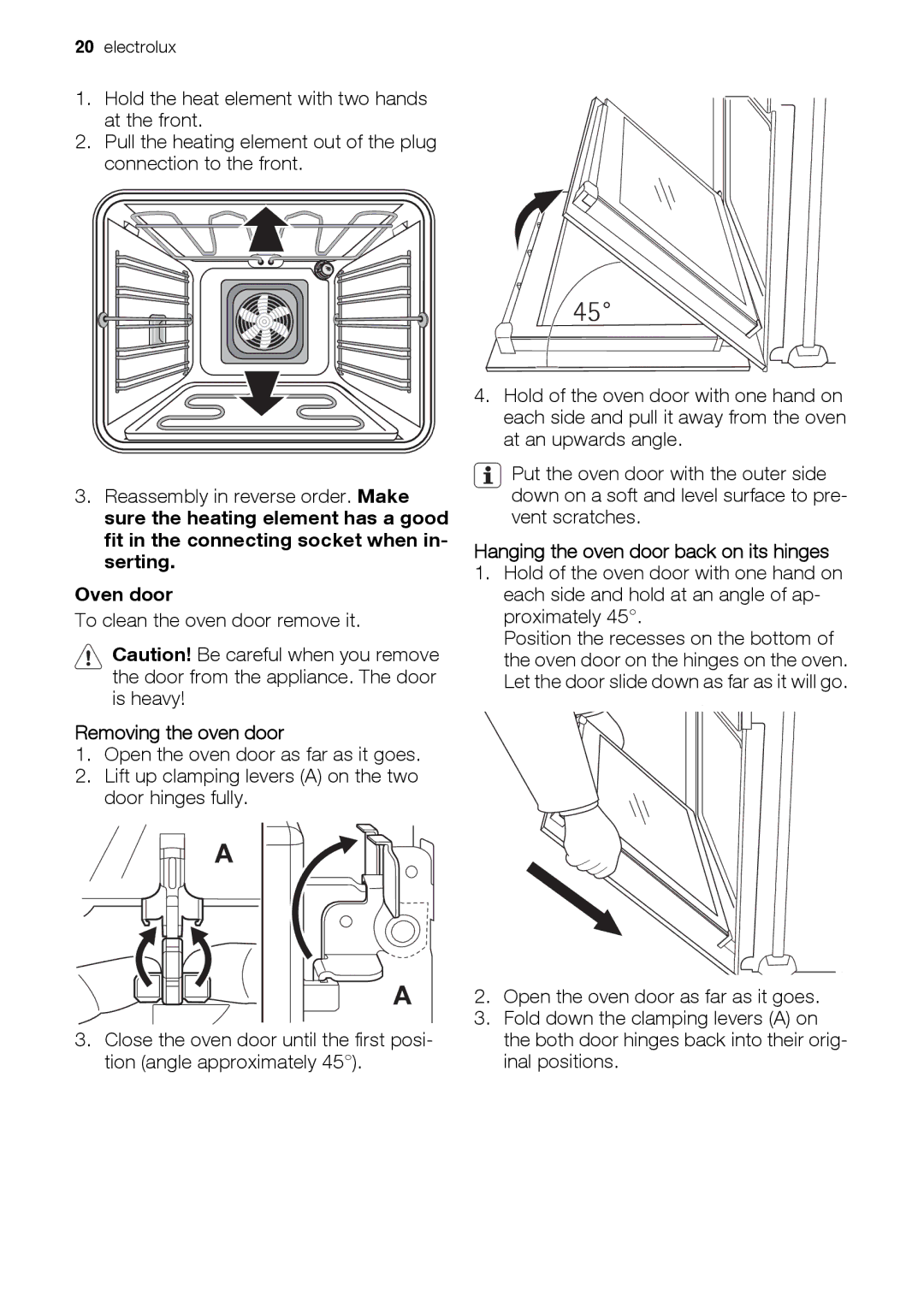 Electrolux EH GL5X-4 user manual Oven door, Removing the oven door, Hanging the oven door back on its hinges 