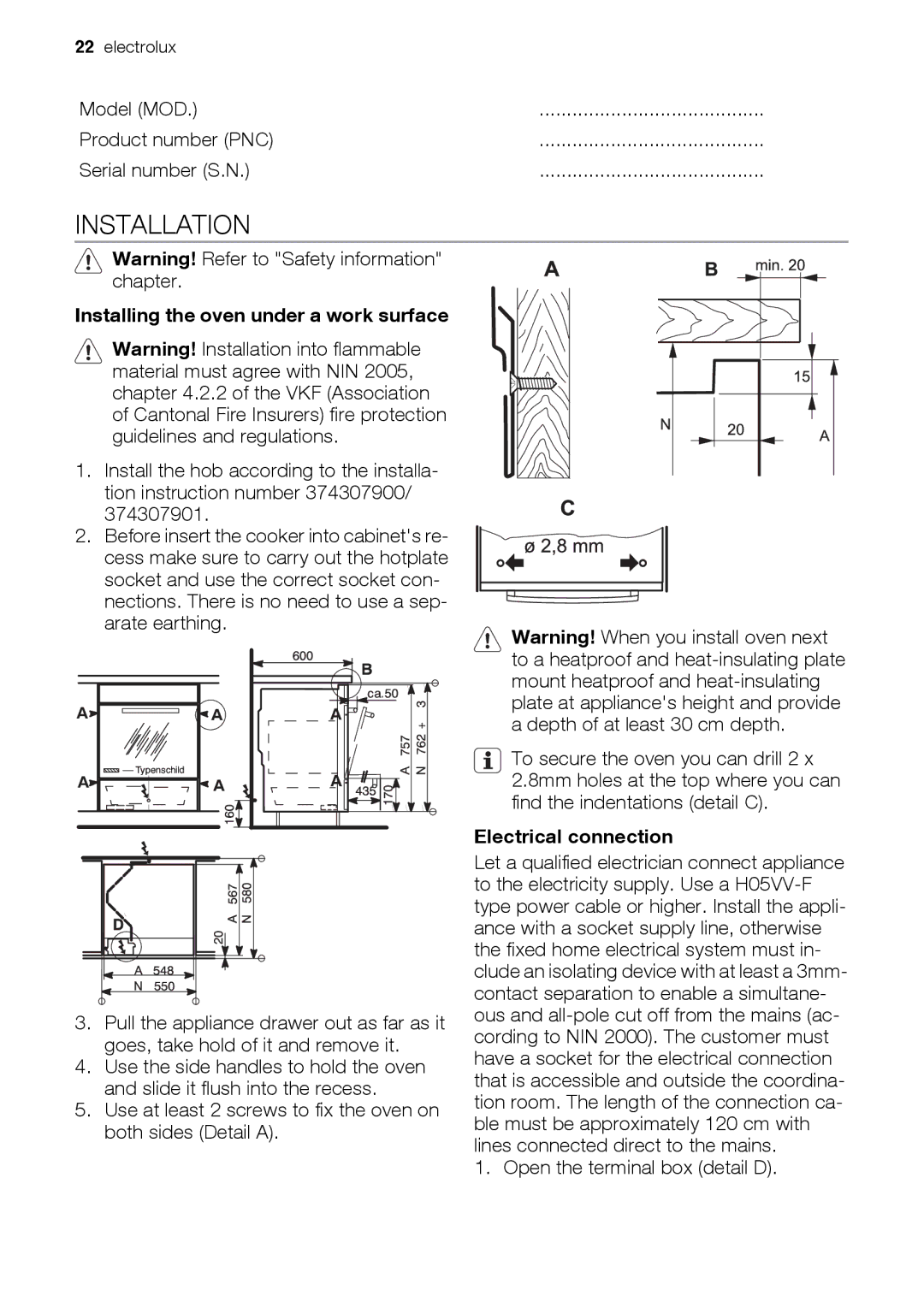 Electrolux EH GL5X-4 user manual Installation, Installing the oven under a work surface 