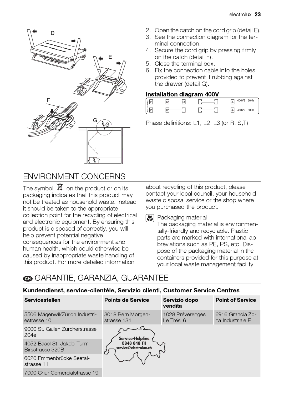 Electrolux EH GL5X-4 user manual Environment Concerns, CH GARANTIE, GARANZIA, Guarantee, Installation diagram 